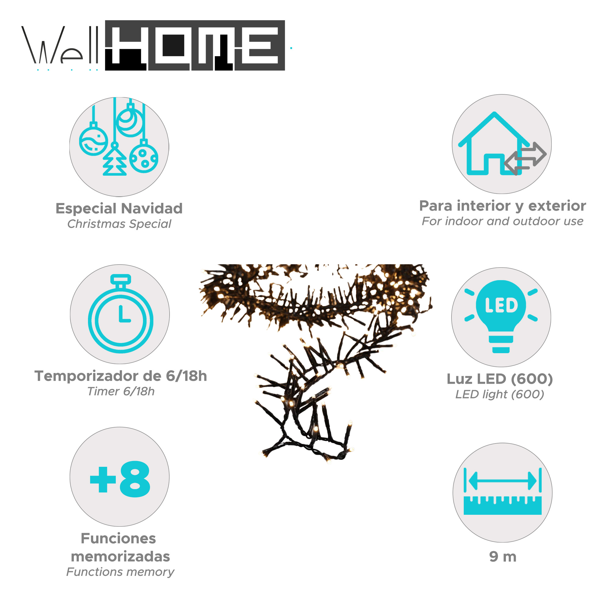 Producto de luces navideñas con texto e iconos. Incluye uso interior/exterior, temporizador, luz LED, funciones de memoria y 9m de longitud.