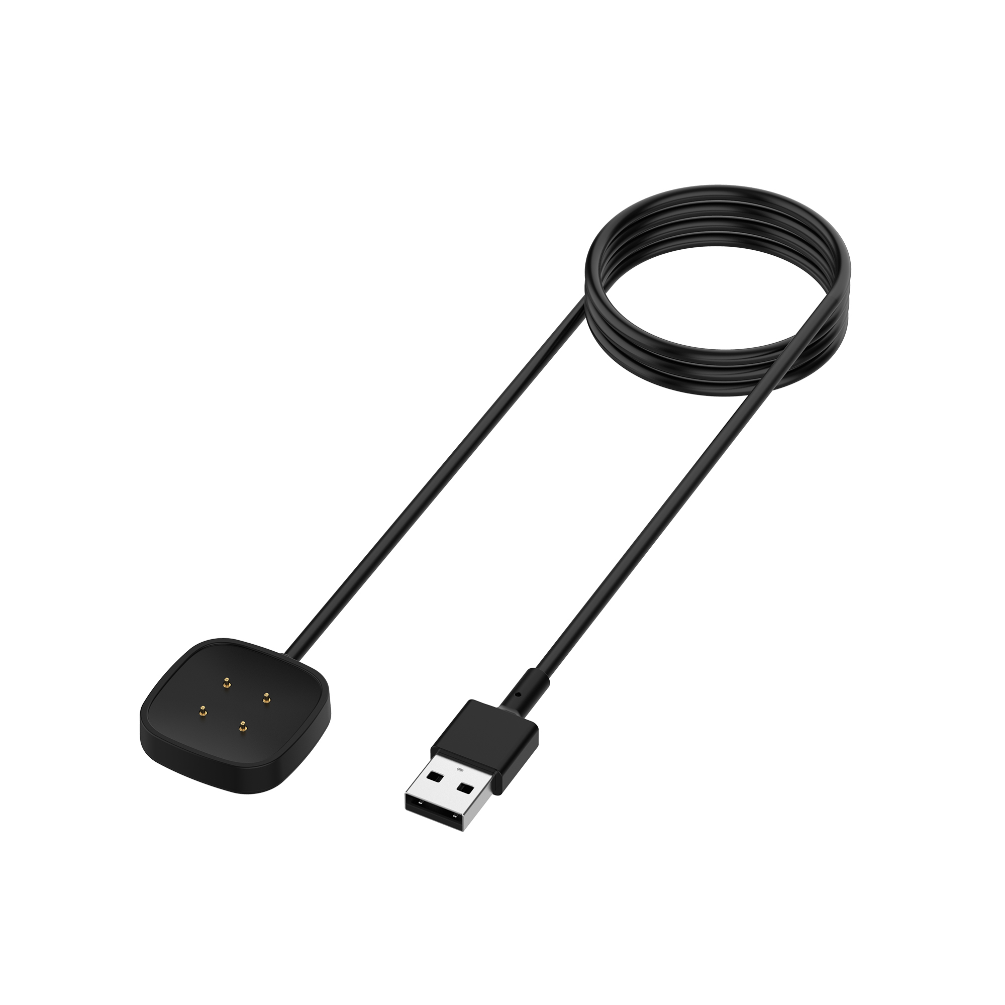 Czarna ładowarka do smartwatcha ze złączem USB. Ładowarka ma kwadratową podstawę i zwinięty kabel.