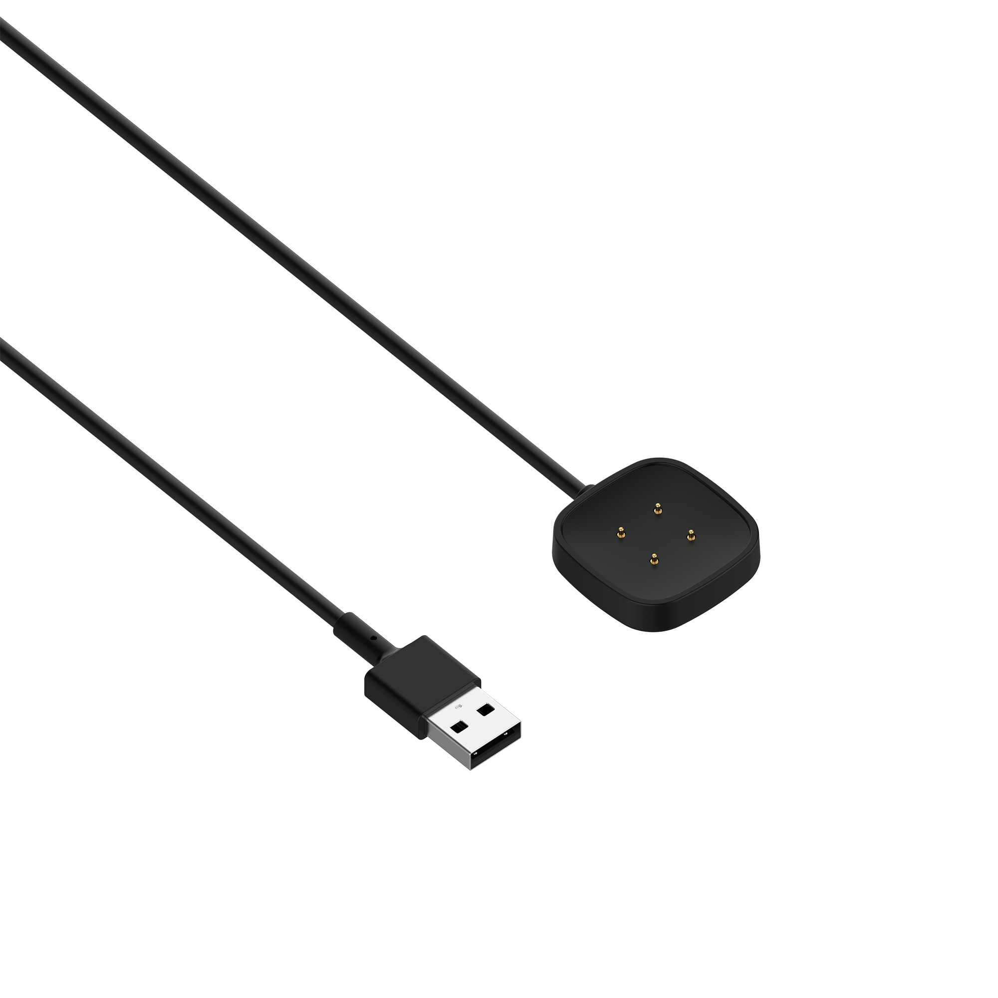 Czarny kabel ładowarki USB z kwadratową podstawą ładującą i złączem USB na białym tle.