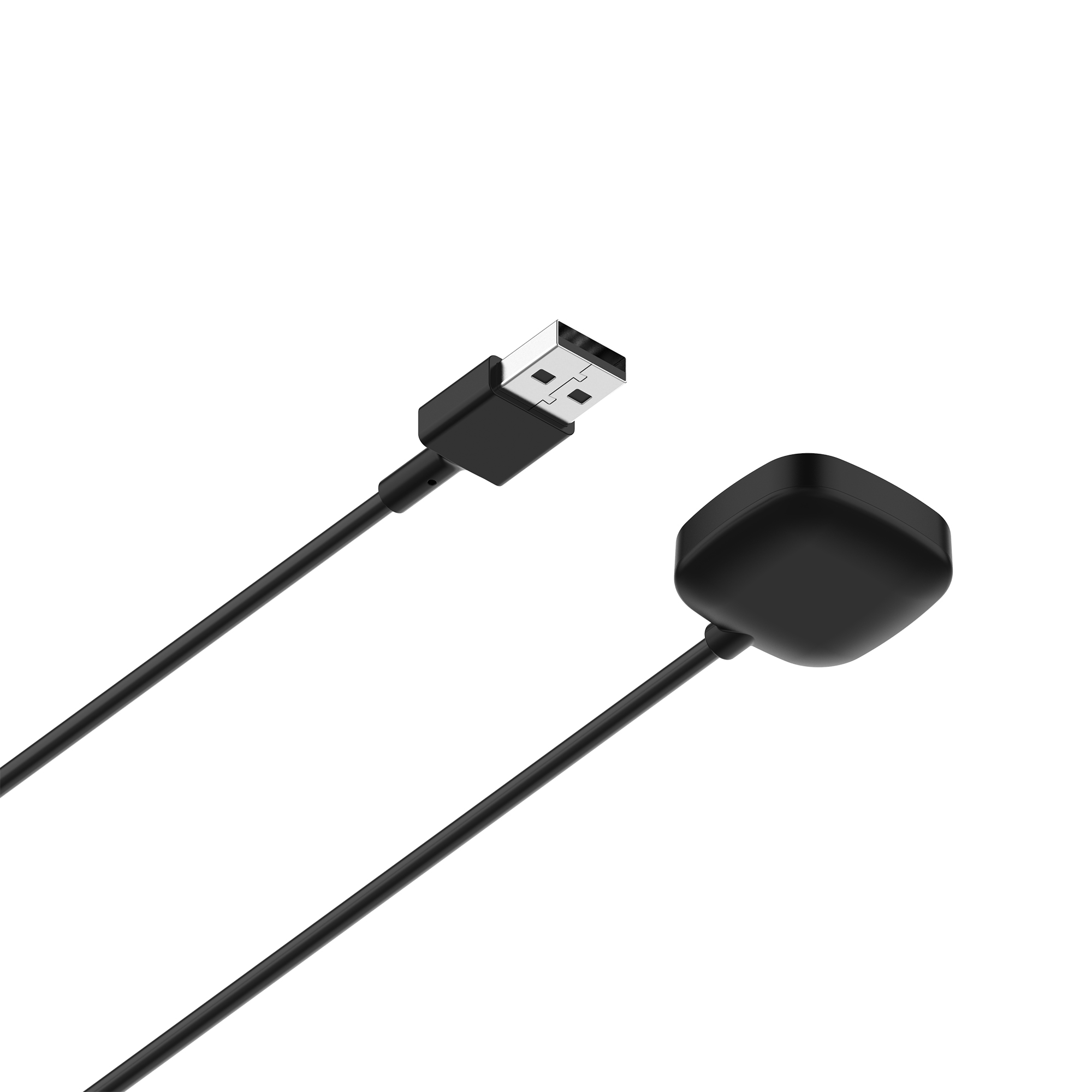 Czarny kabel USB ze złączem USB i kwadratową podstawą ładującą na białym tle.