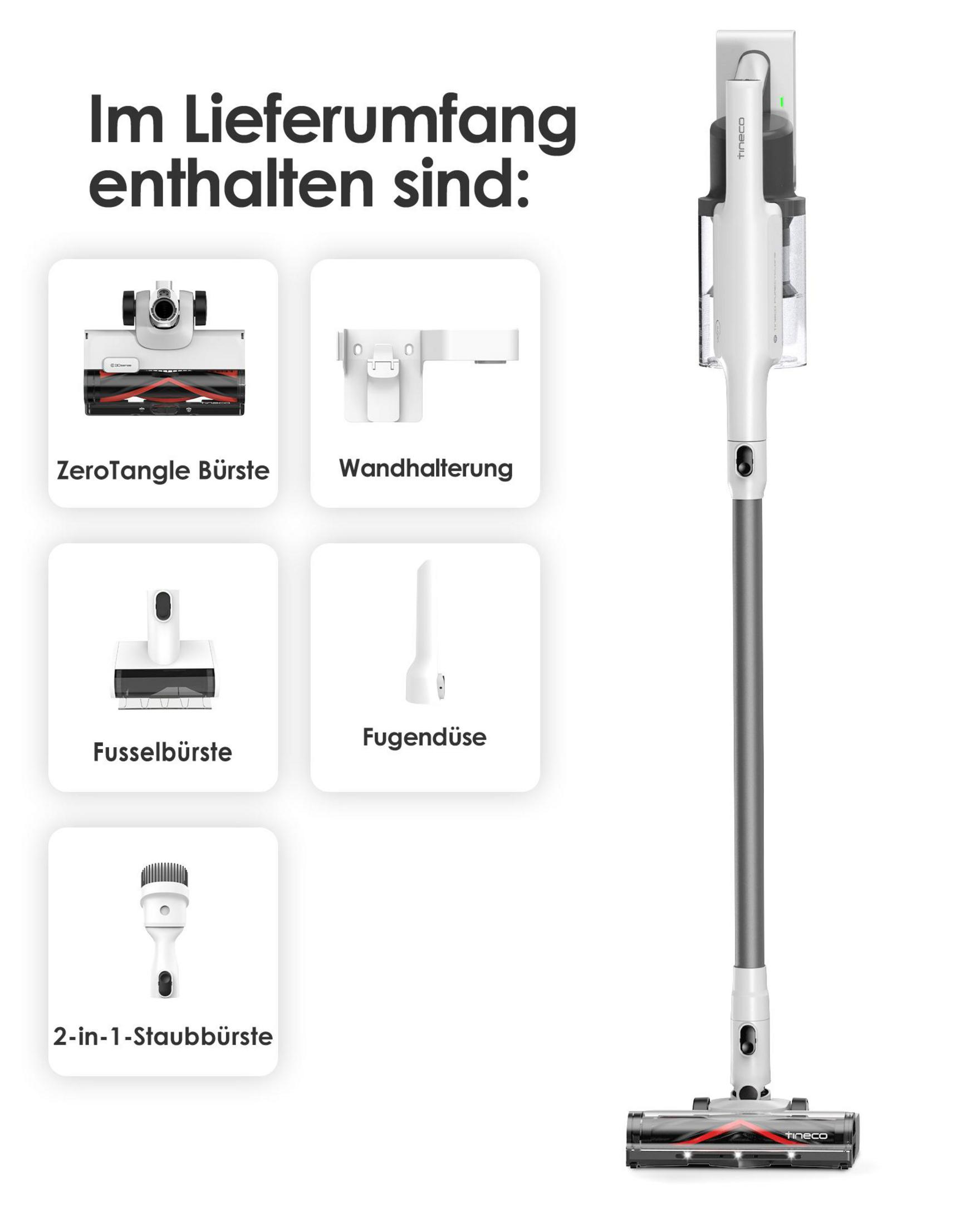 Obraz przedstawia odkurzacz i akcesoria. Zawiera szczotkę ZeroTangle, uchwyt ścienny, ssawkę szczelinową i szczotkę do kurzu 2 w 1.