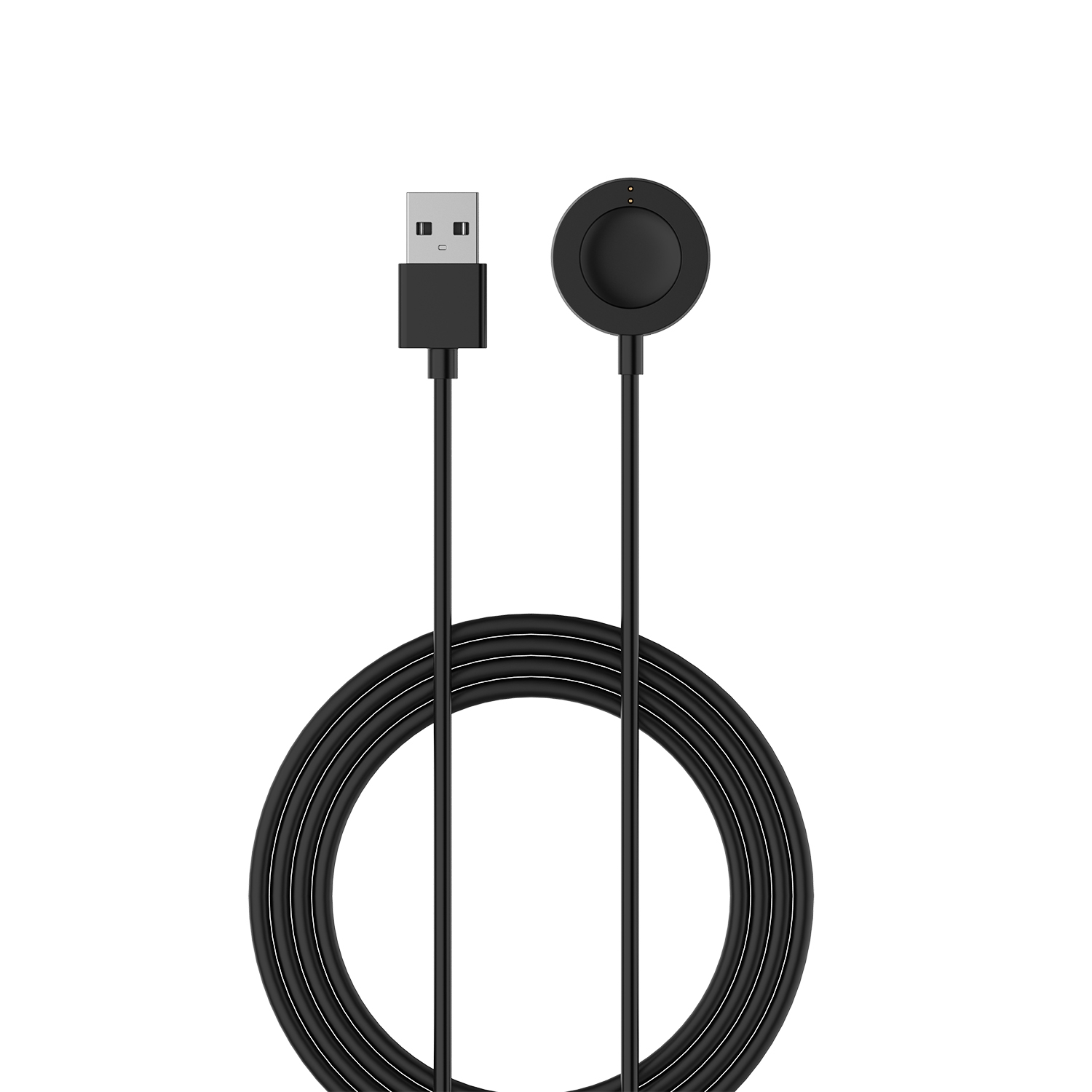 Chargeur de smartwatch noir. Prise USB et socle de chargement rond reliés par un câble noir, enroulé à la base. Fond blanc.