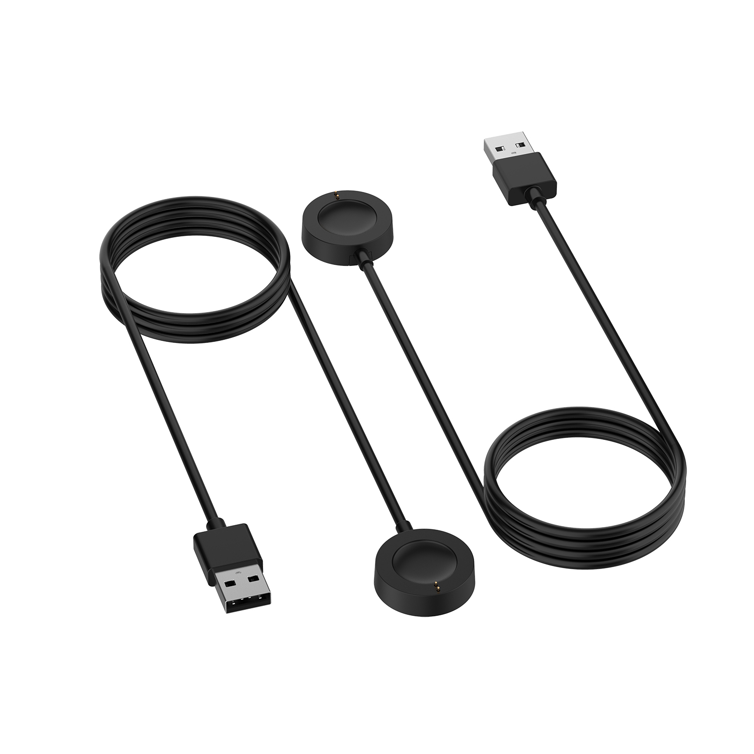 Trois chargeurs de smartwatch noirs avec connecteurs USB. Chaque chargeur possède un socle de charge circulaire et un long câble enroulé.