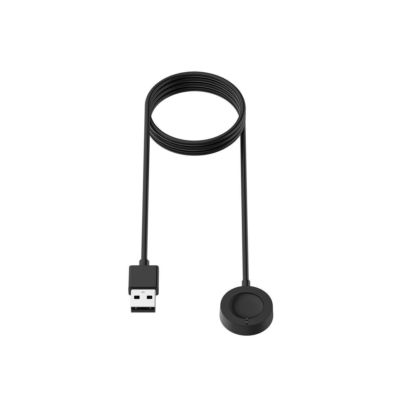 Un chargeur de smartwatch noir sur fond blanc. Il possède une extrémité USB et un socle de chargement circulaire reliés par un câble noir.