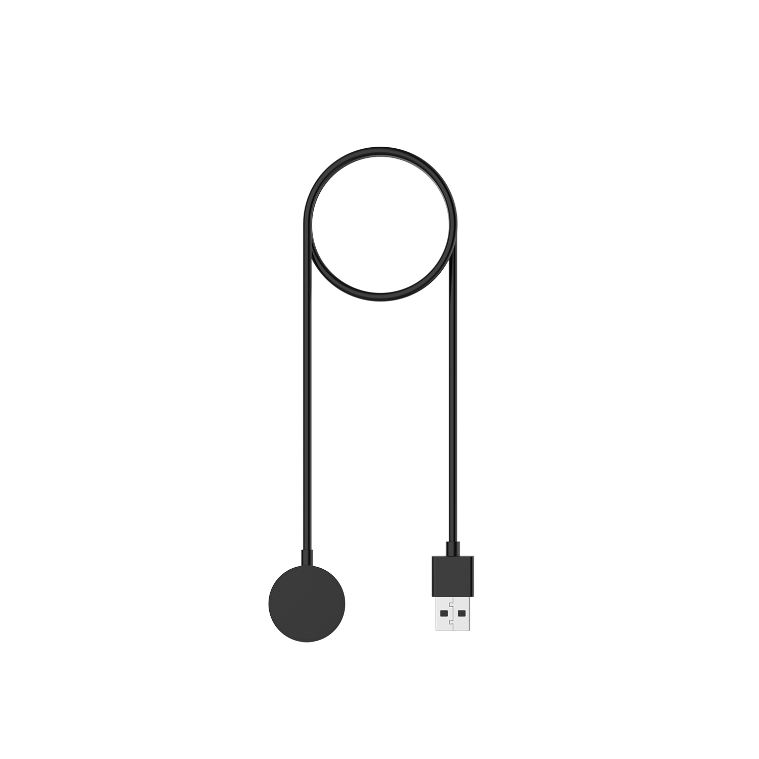Un chargeur de montre connectée noir sur fond blanc. Il comprend un socle de charge circulaire, un câble et un connecteur USB.