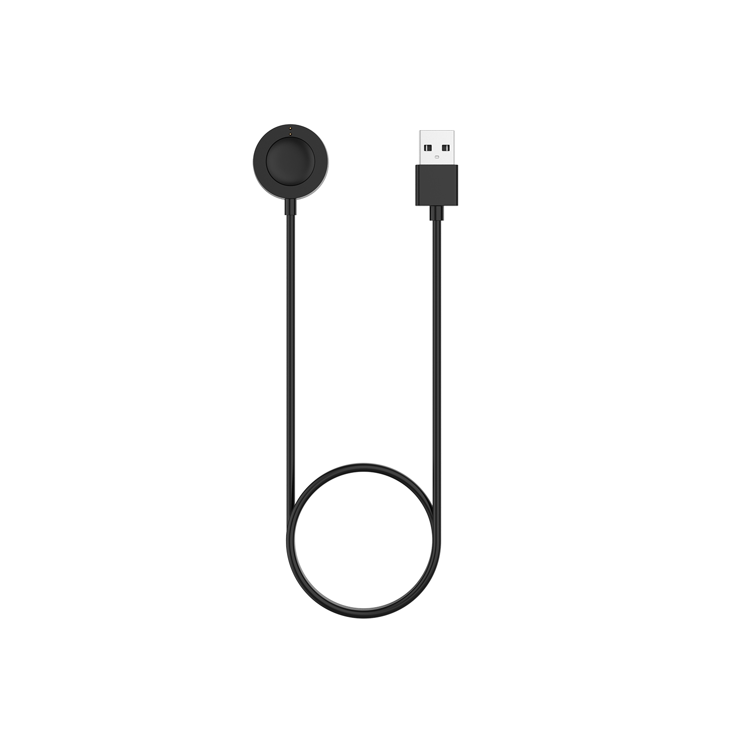 Un chargeur de montre intelligente noir avec un socle de charge rond à gauche et une prise USB à droite, reliés par un câble noir.