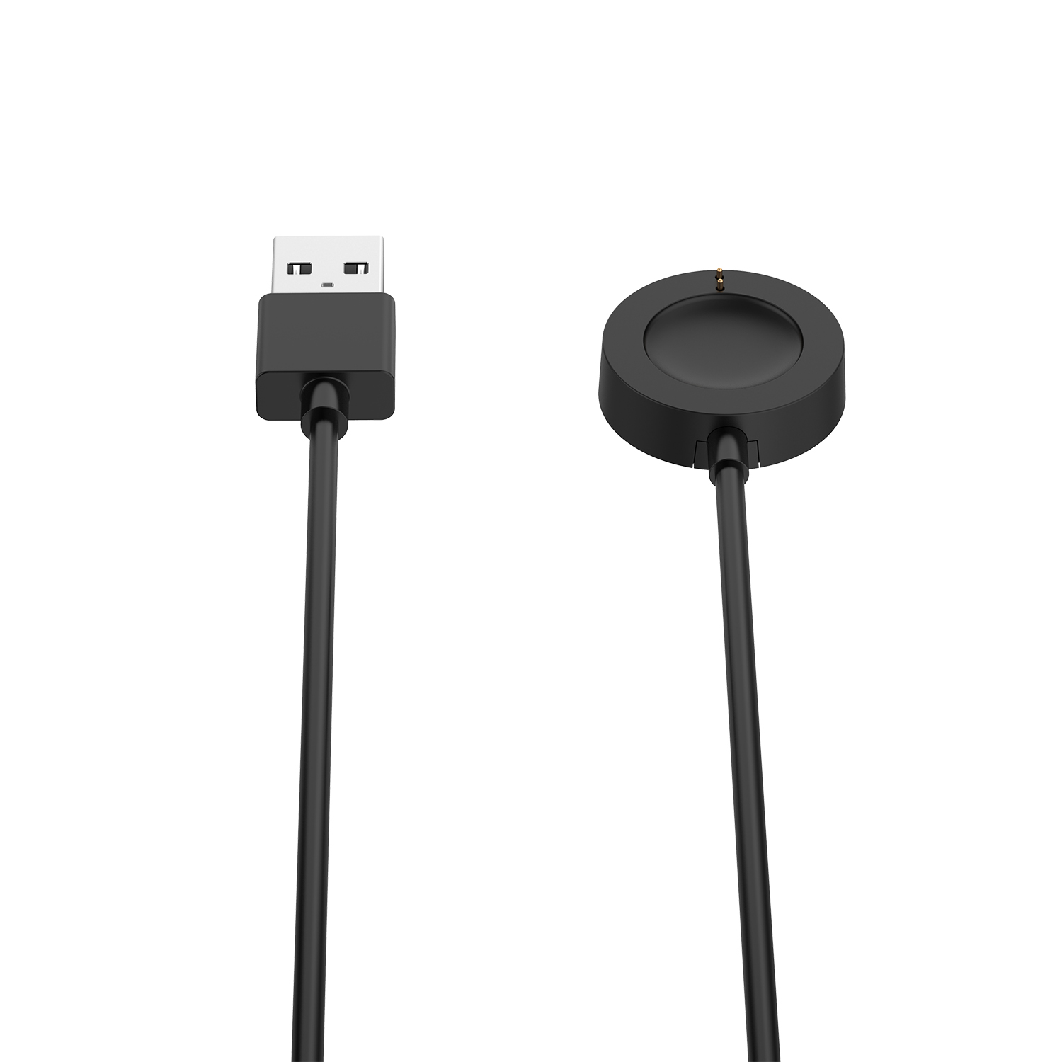 Câble de chargeur USB noir avec connecteur USB et socle de charge rond. Les deux sont sur fond blanc, côte à côte.