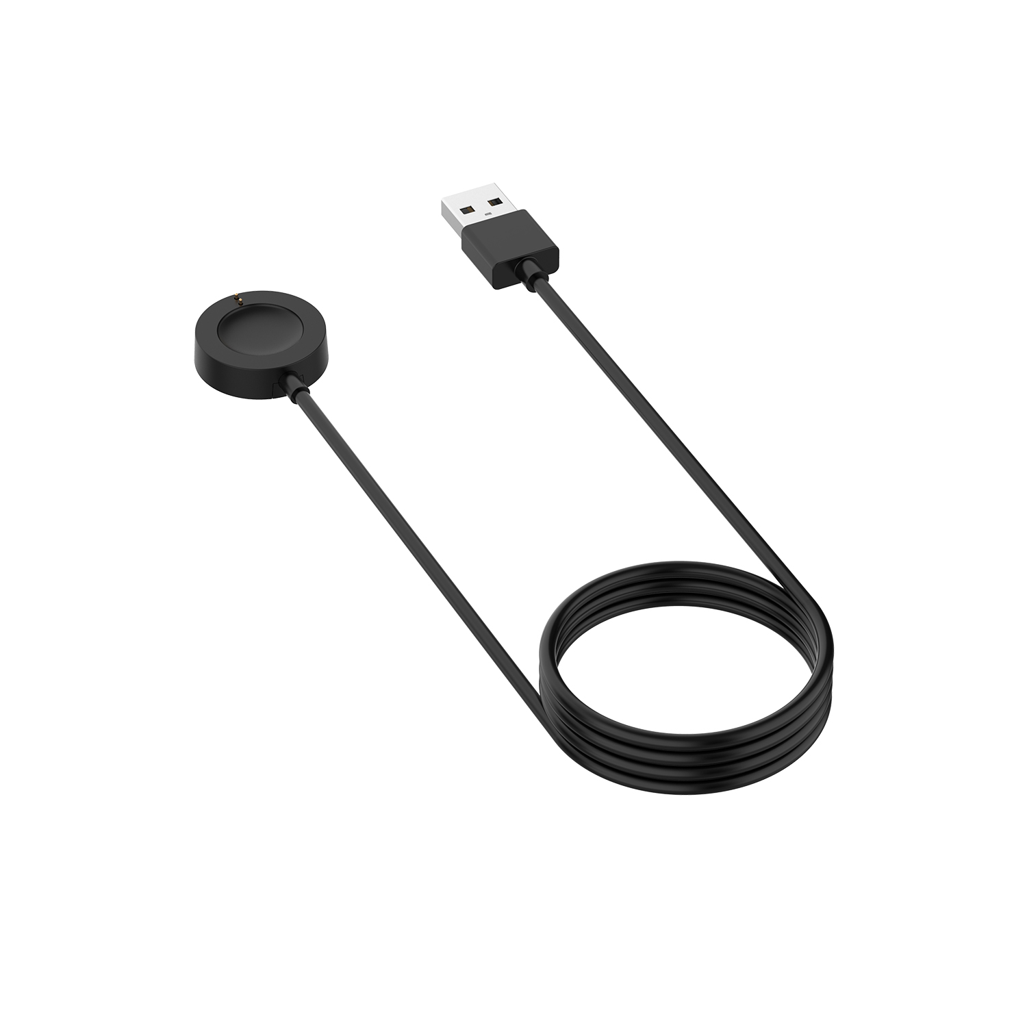 Un chargeur de montre intelligente noir avec une base de chargement ronde et une prise USB. Le câble est enroulé.