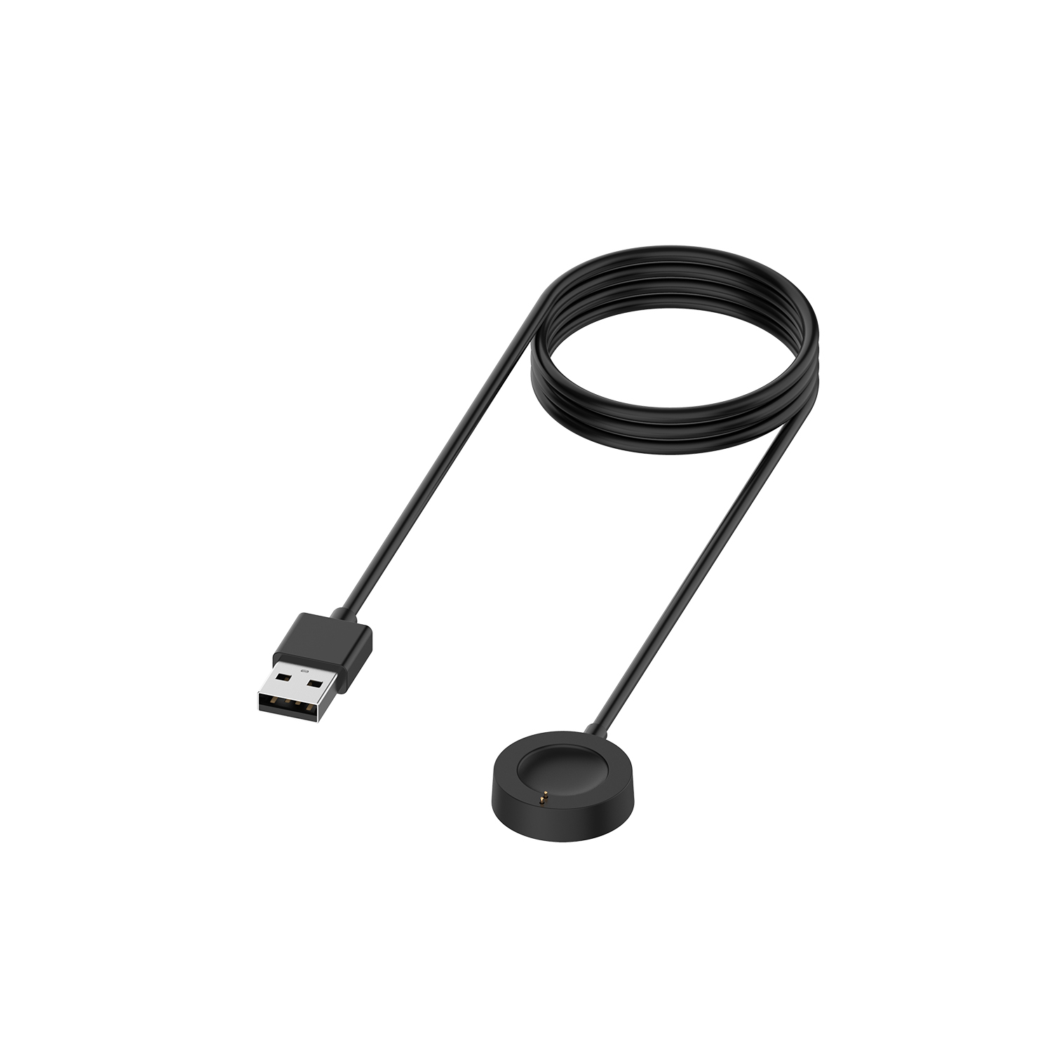 Chargeur de montre connectée noir sur fond blanc. Il possède un connecteur USB, un socle de charge et un câble enroulé.
