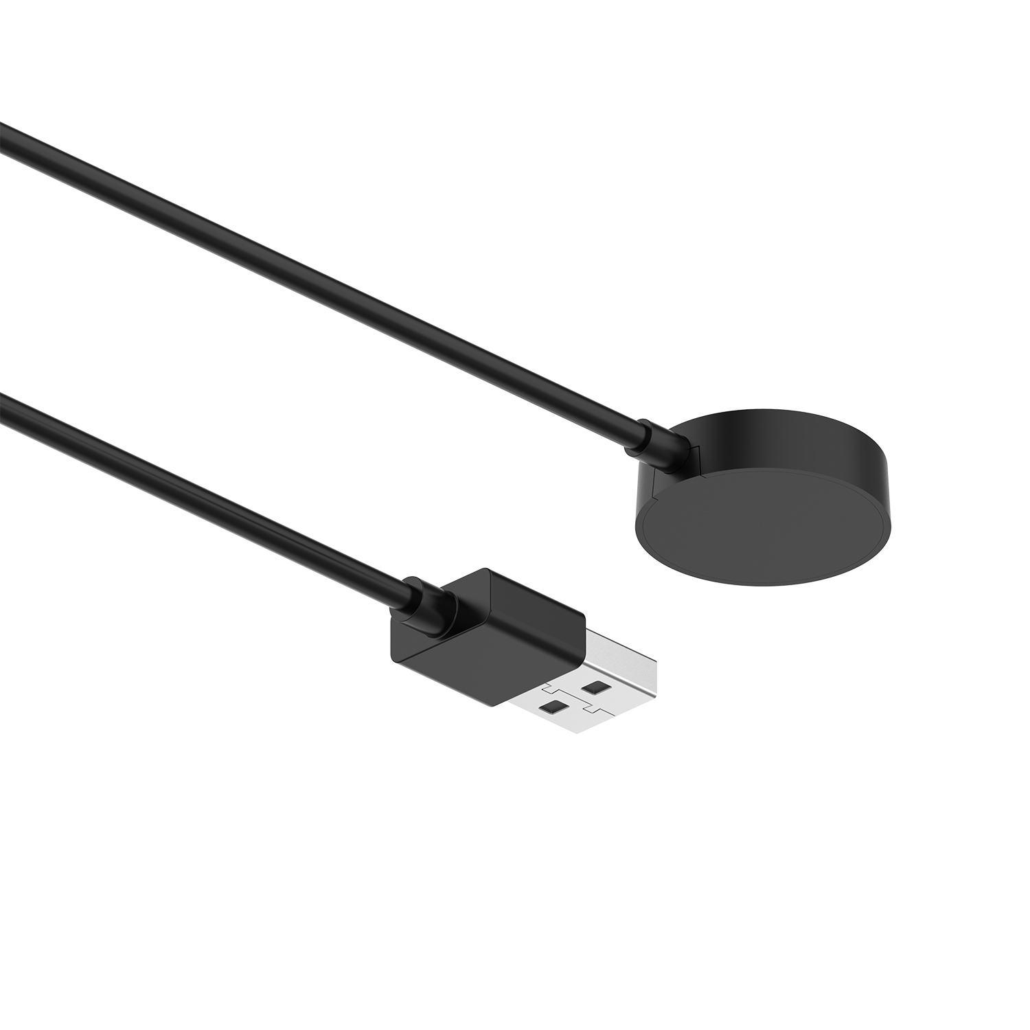 Un câble de chargement noir avec un connecteur USB et un socle de chargement rond, sur fond blanc.