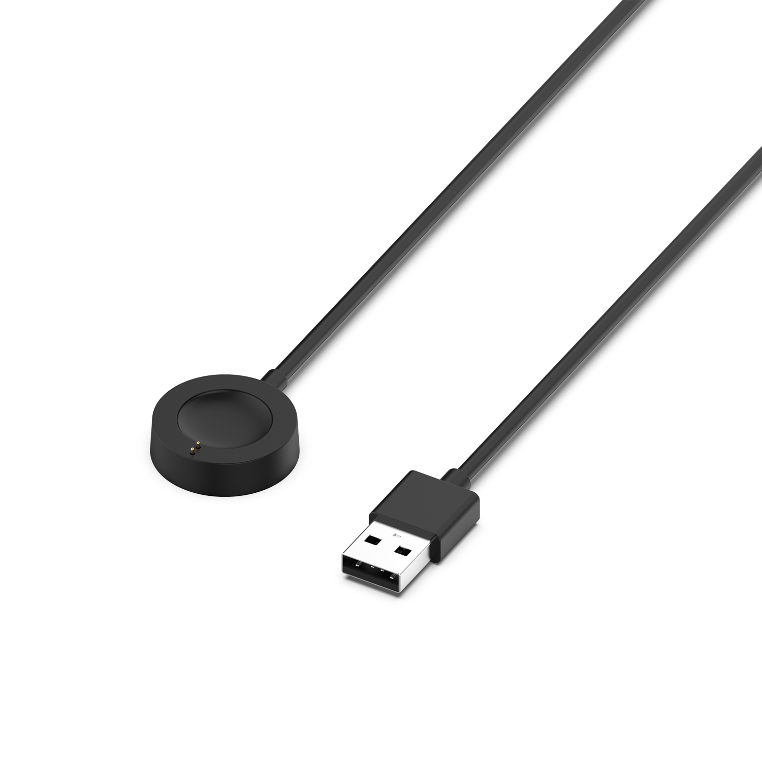 Un chargeur de montre intelligente noir avec un socle de chargement circulaire et un câble USB, fond blanc.