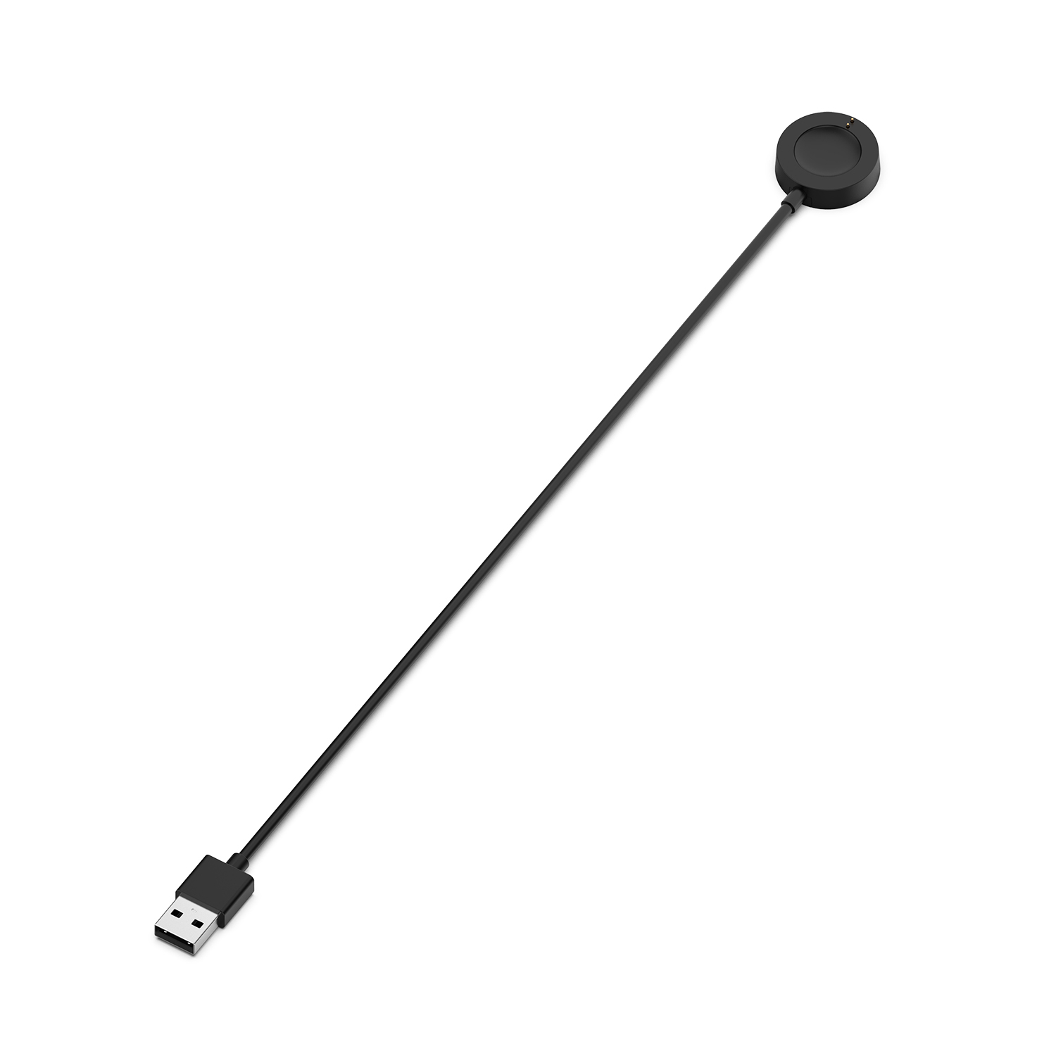 Chargeur de montre connectée noir avec connecteur USB sur fond blanc. Le chargeur est rond et le câble est long.