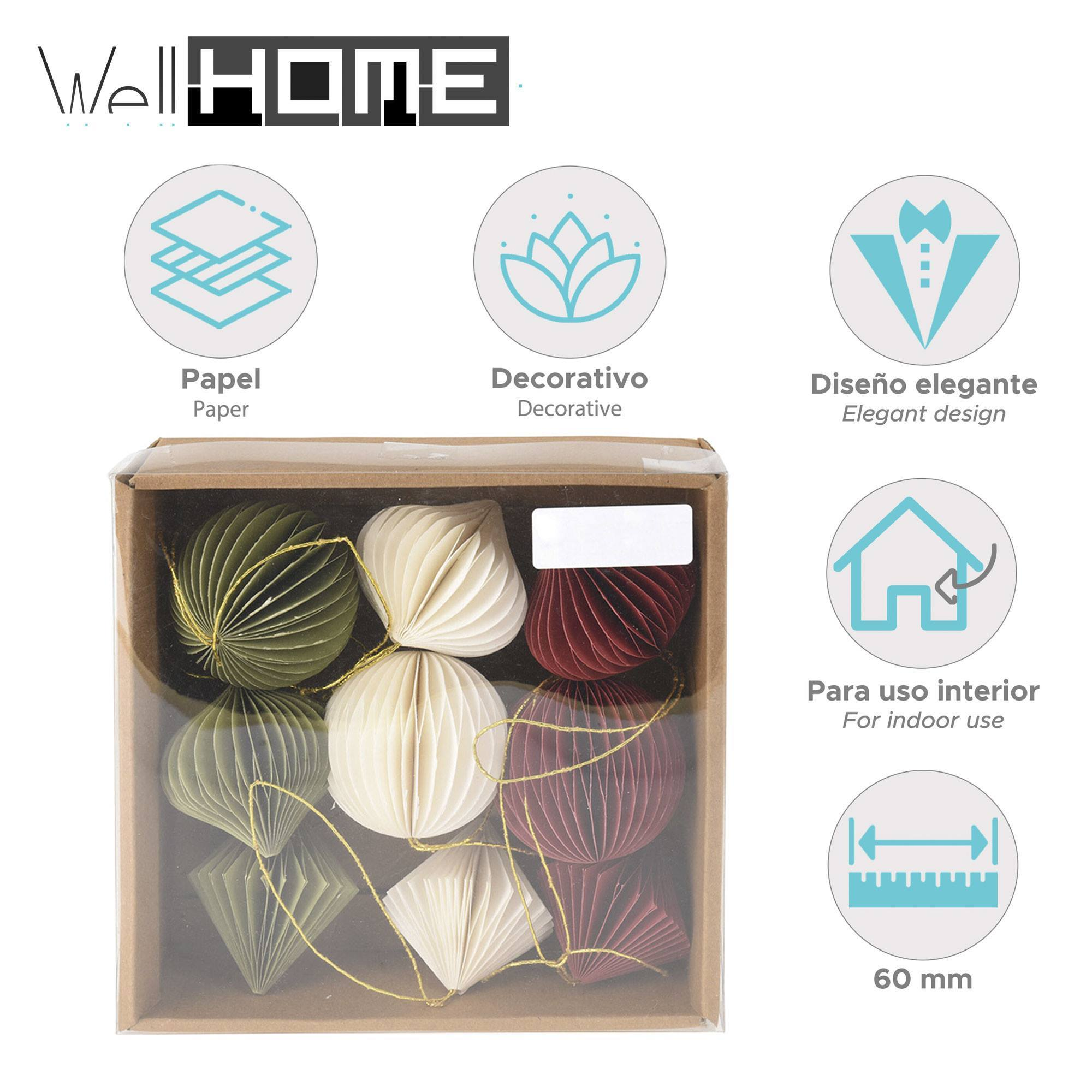 Caja de adornos de papel en verde, crema y burdeos. Incluye iconos y texto: papel, decorativo, diseño elegante, para uso interior y 60 mm.