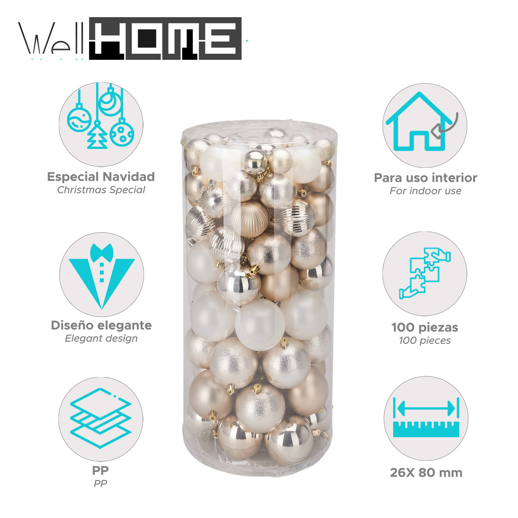 Un recipiente transparente con adornos navideños surtidos en blanco, plateado y dorado. Texto indica 100 piezas, diseño elegante y uso interior.