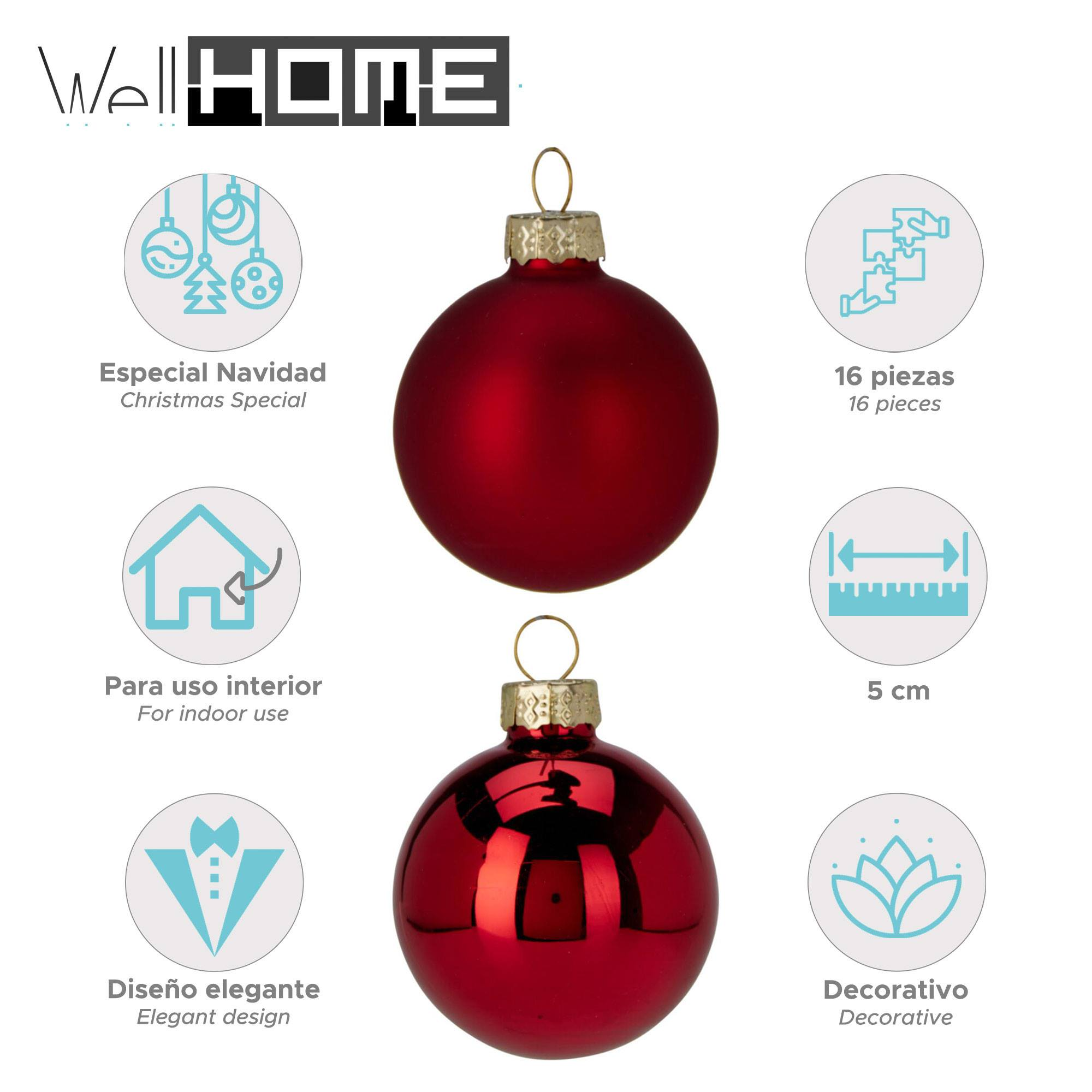 Adornos navideños rojos con tapas doradas. El texto incluye 'Christmas Special', '16 piezas', 'uso en interiores', 'diseño elegante' y 'decorativo'.