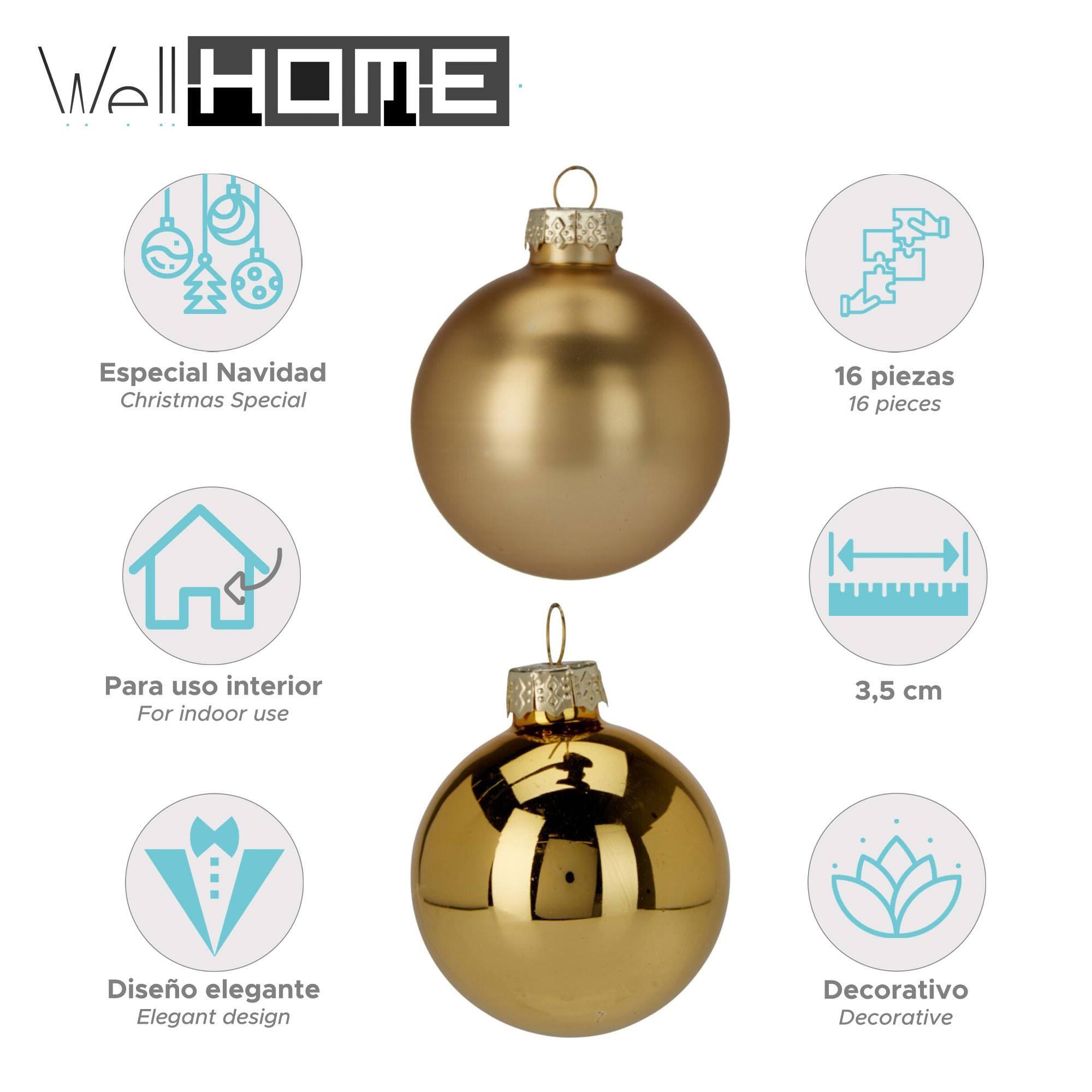Bolas de Navidad doradas con acabado metálico, varios iconos informativos y la marca Well Home.