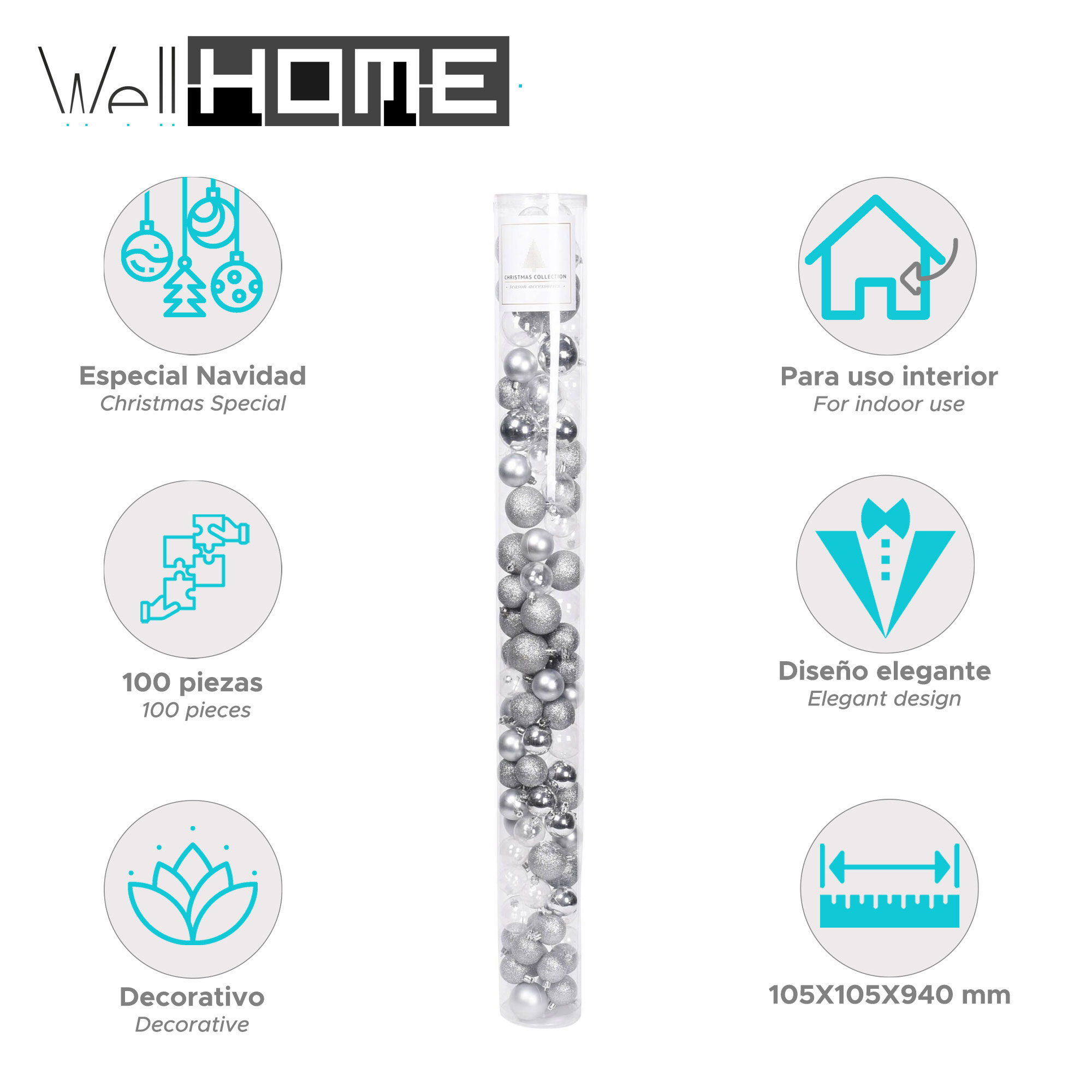 Tubo transparente de adornos navideños plateados. Texto: Well Home, Especial Navidad, 100 piezas, para uso interior, diseño elegante.