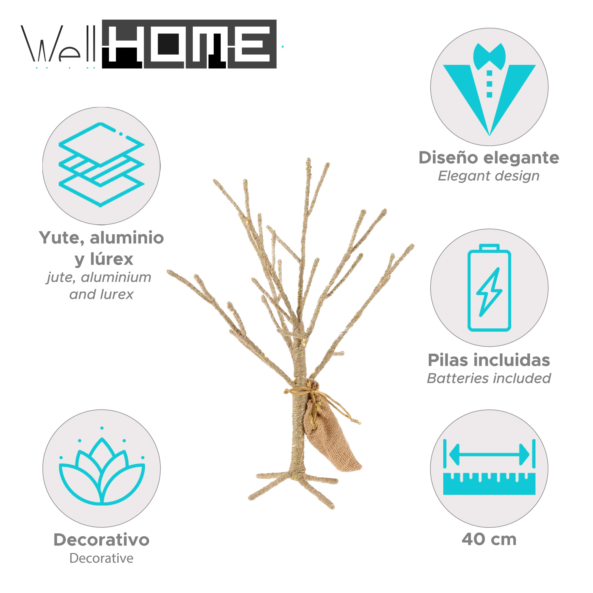 Un árbol decorativo con base de yute, adornado con luces. Detalles del producto incluyen texto e iconos sobre fondo blanco.