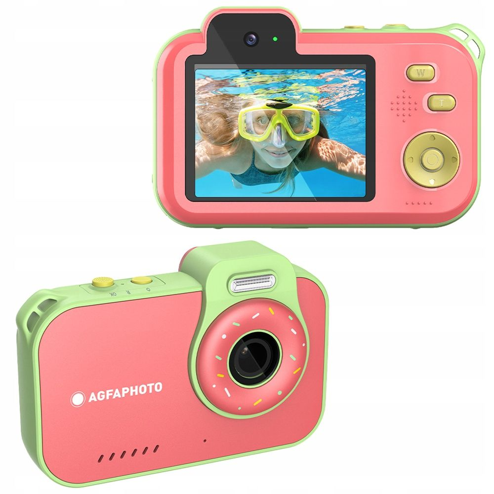 Dwa różowe i zielone aparaty zabawki. Jeden pokazuje dziewczynę pod wodą, drugi ma obiektyw w kształcie pączka.