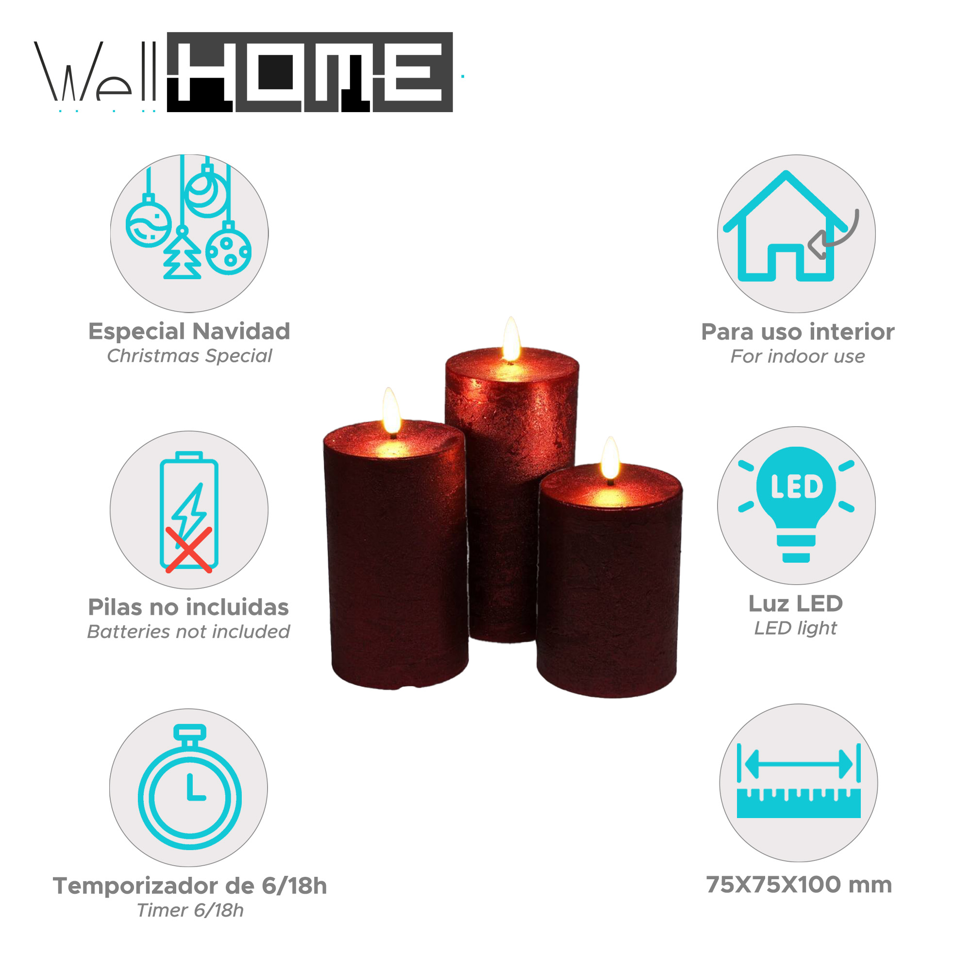 Tres velas rojas con llamas brillantes. Iconos de Navidad, uso interior, LED, sin baterías y funciones de temporizador.