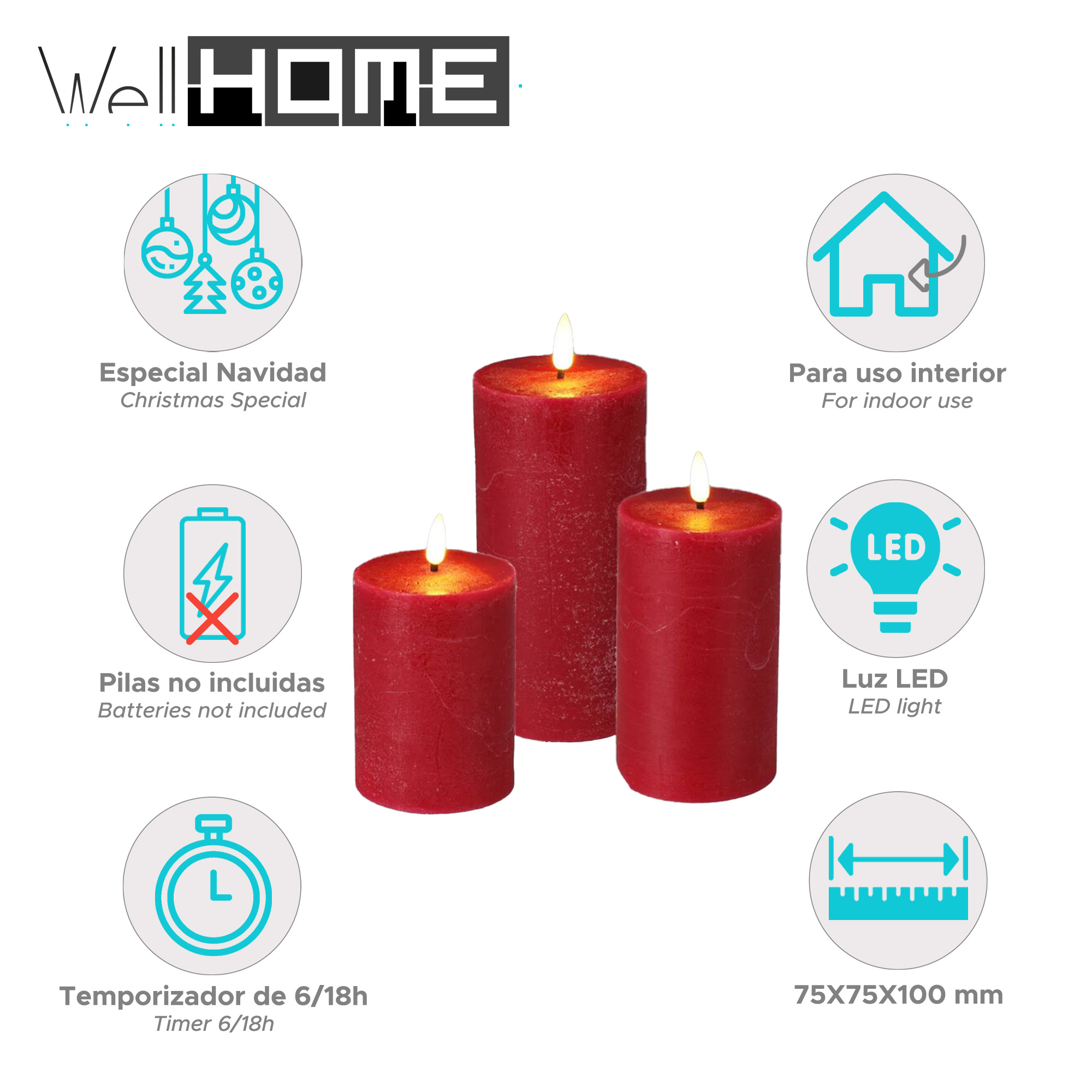 Tres velas rojas con llamas, rodeadas de iconos sobre Navidad, temporizador, luz LED y dimensiones.