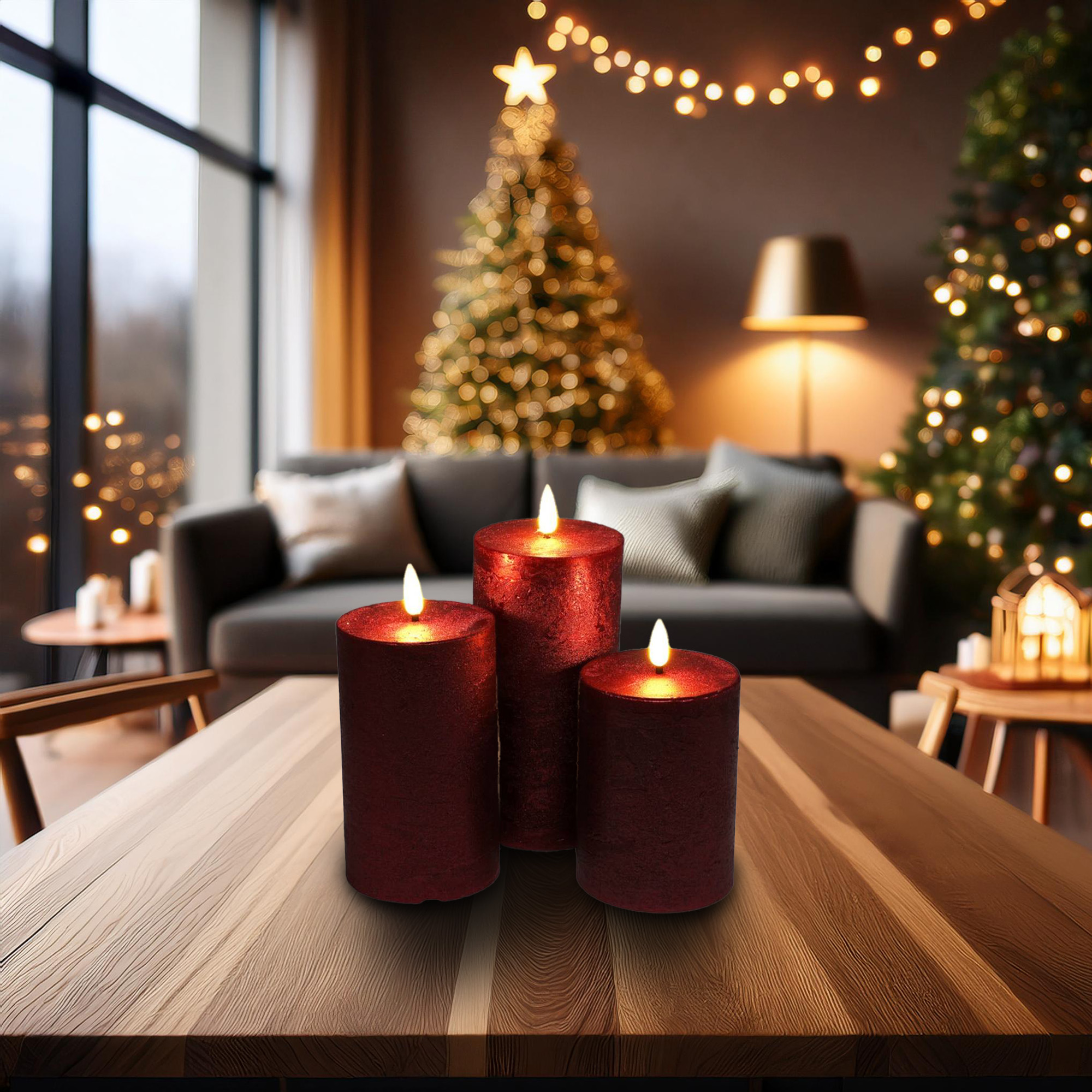 Tres velas rojas sobre una mesa de madera. Árbol de Navidad con luces al fondo y un sofá. Ambiente festivo y cálido.