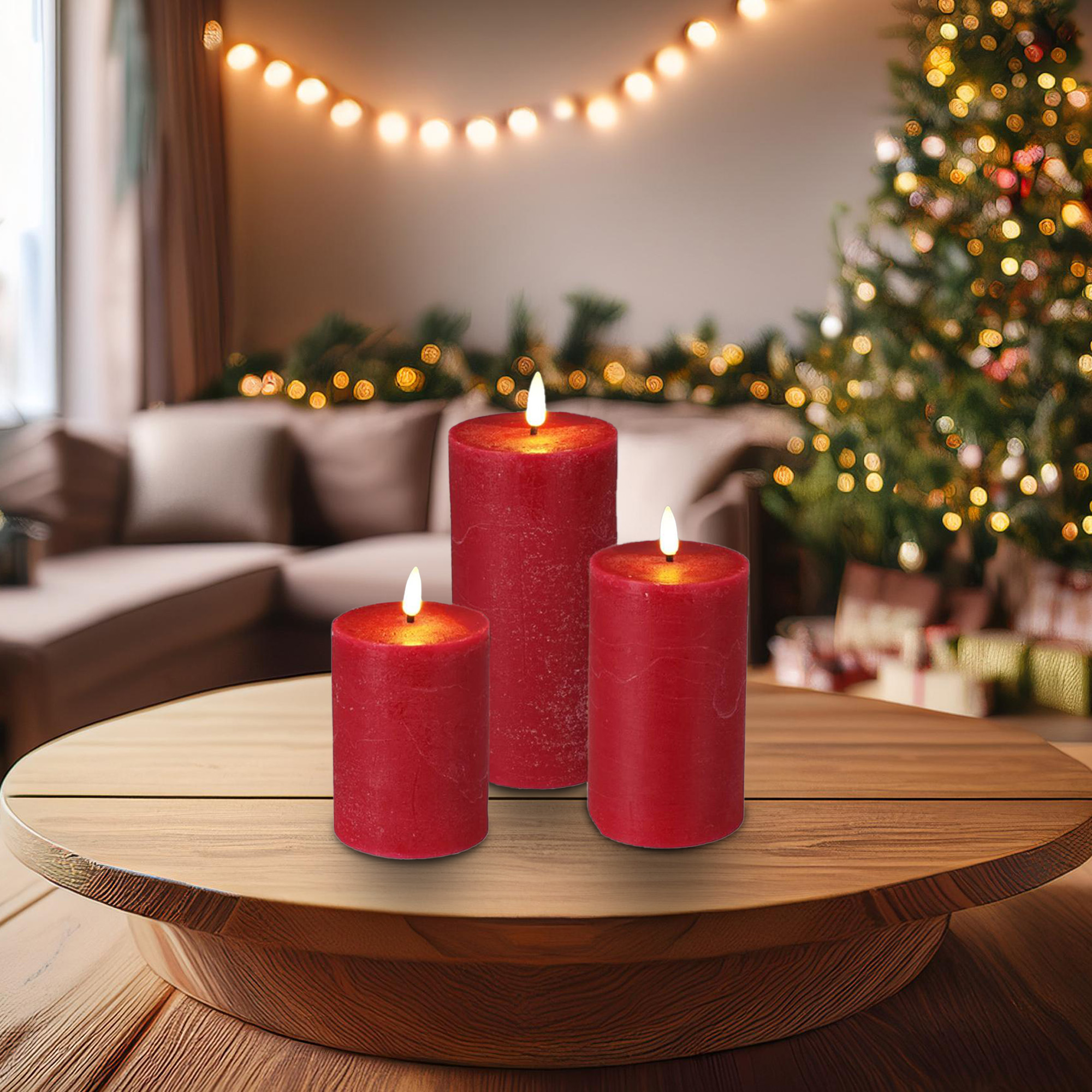 Tres velas rojas encendidas sobre una mesa de madera. Un árbol de Navidad con luces y un fondo de sala de estar acogedor.