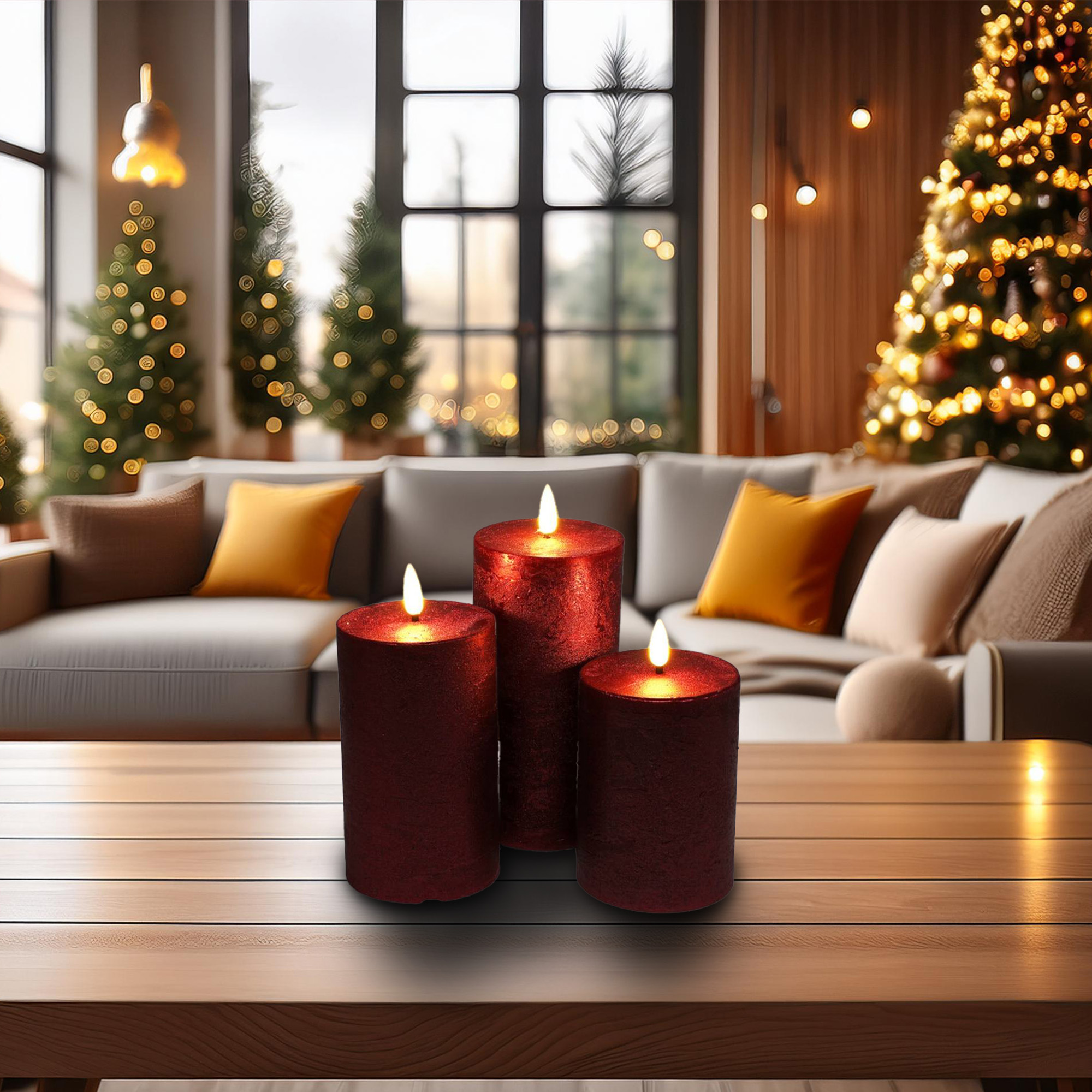 Tres velas rojas encendidas sobre una mesa de madera, con un árbol de Navidad y un sofá al fondo.