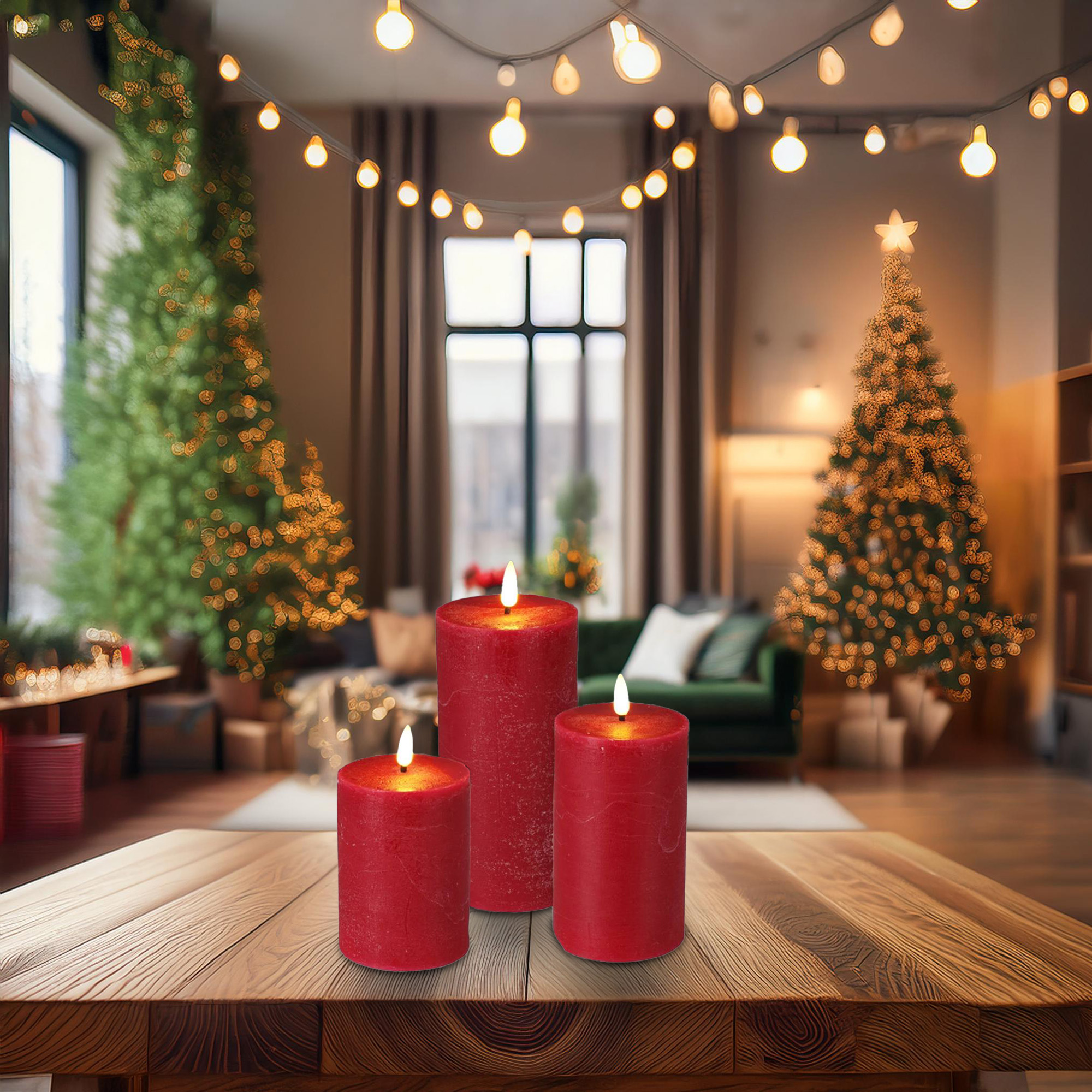 Tres velas rojas sobre una mesa de madera. Árboles de Navidad y luces de hadas en el fondo, creando un ambiente festivo.