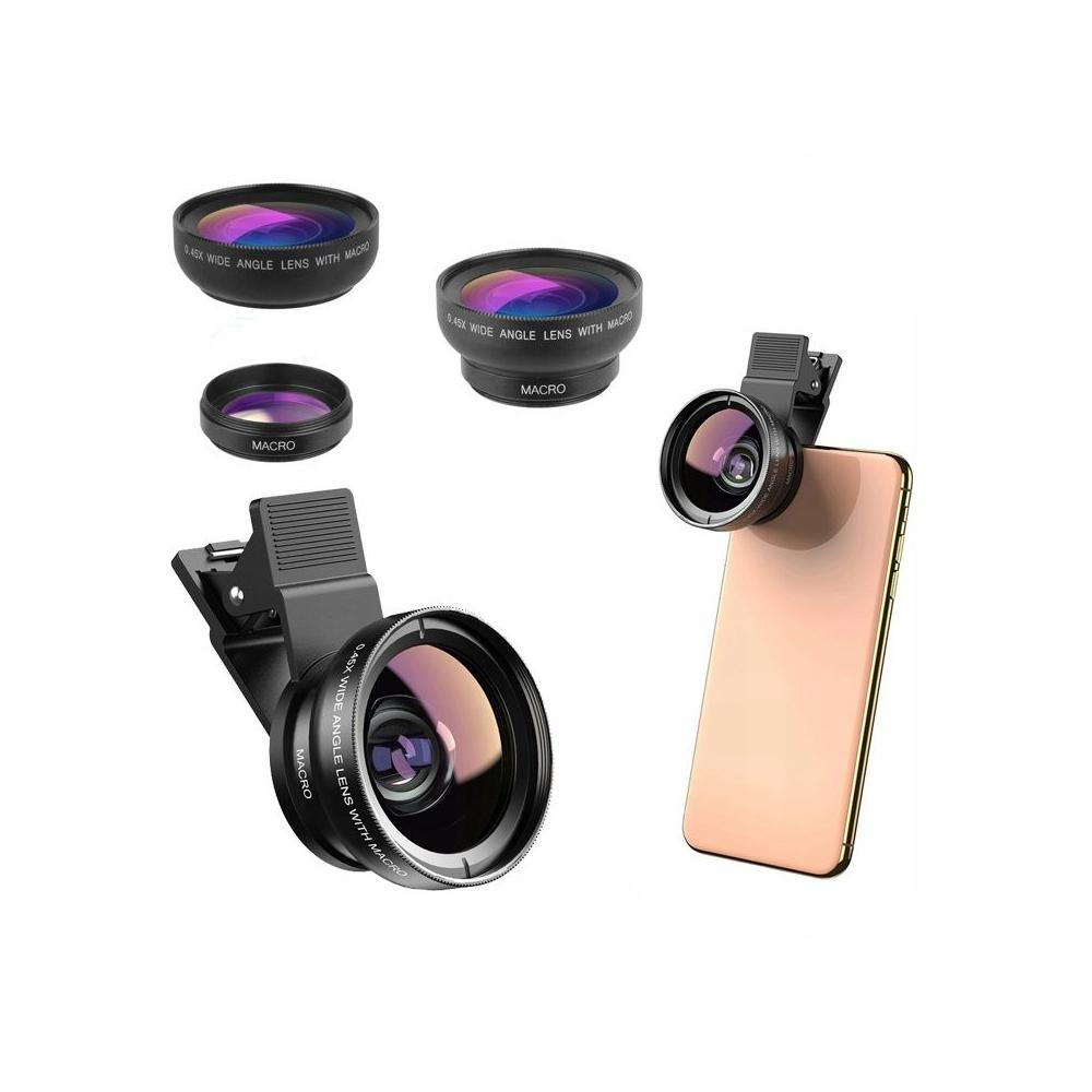 Wyświetlono kilka obiektywów do aparatu telefonicznego z funkcjami makro i szerokokątnymi, niektóre oddzielnie, a jeden przymocowany do telefonu.