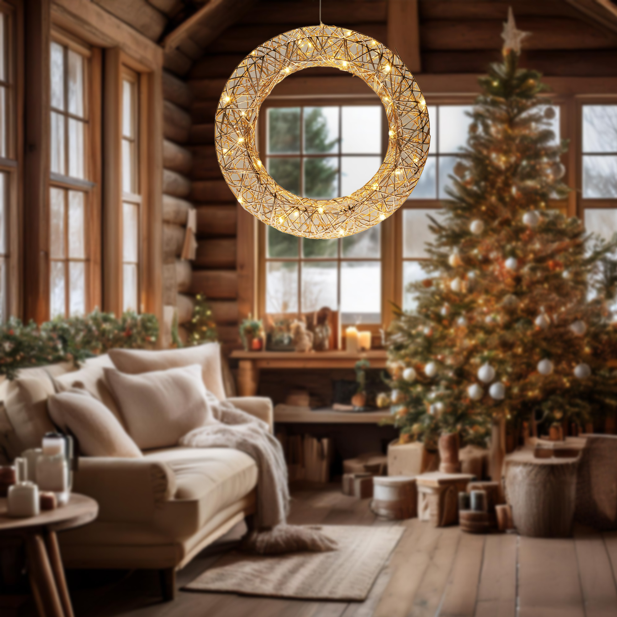 Interior acogedor con árbol de Navidad, corona y sofá. Luces cálidas y un entorno de cabaña de madera crean ambiente festivo.