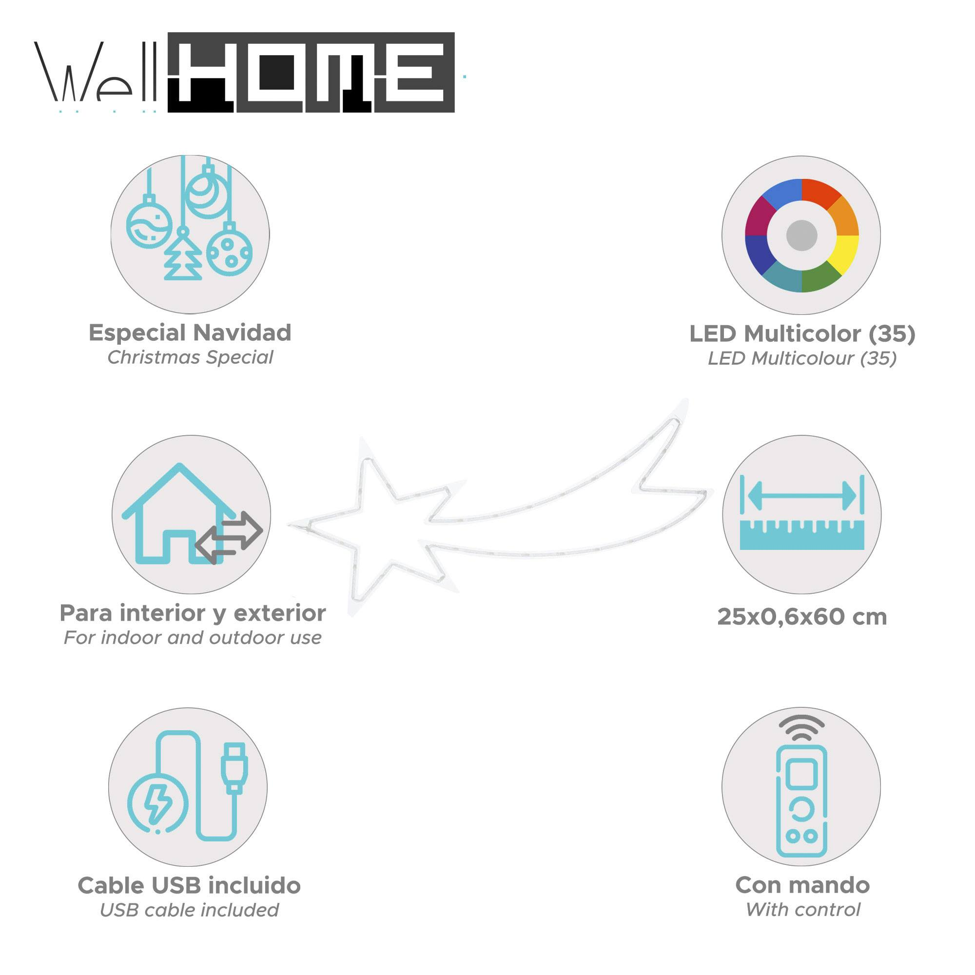 Especial de Navidad con luces LED, uso interior/exterior, cable USB y mando a distancia. Dimensiones 25x0,6x60 cm.