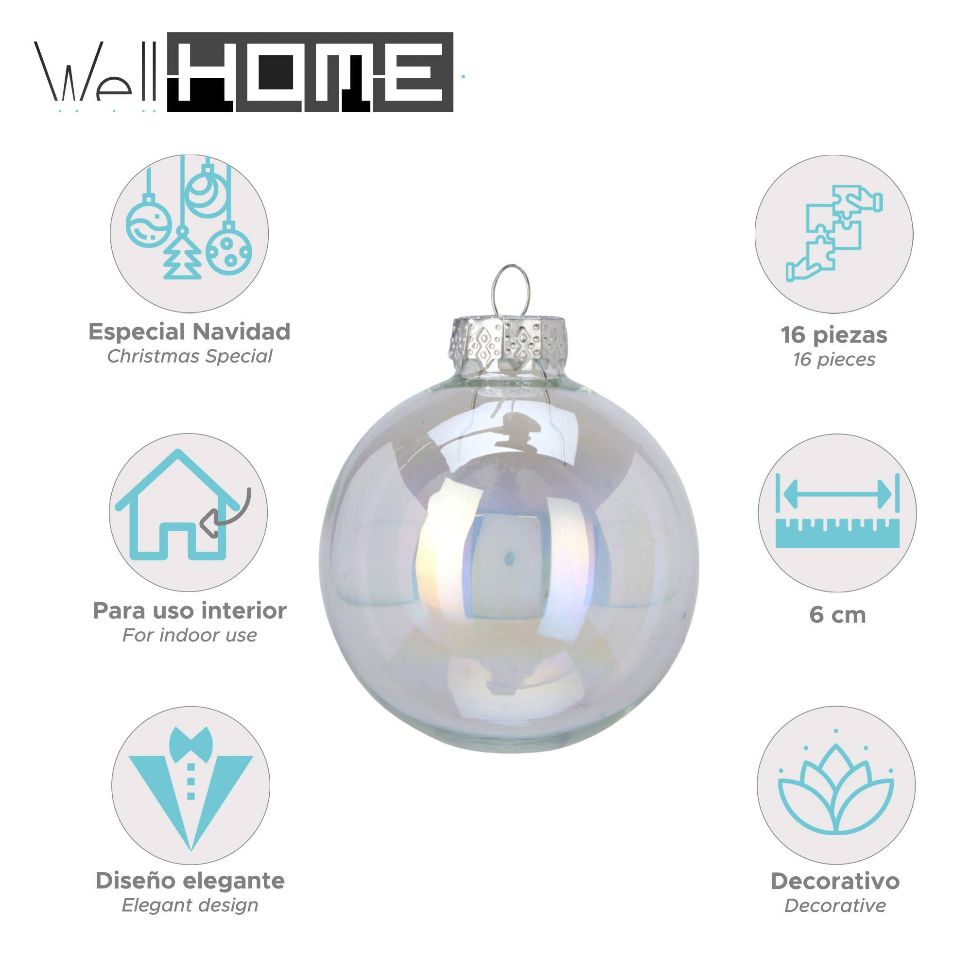 Un adorno navideño transparente con parte superior plateada. Las etiquetas de texto incluyen 'Especial de Navidad', 'uso interior' y 'Diseño elegante'.