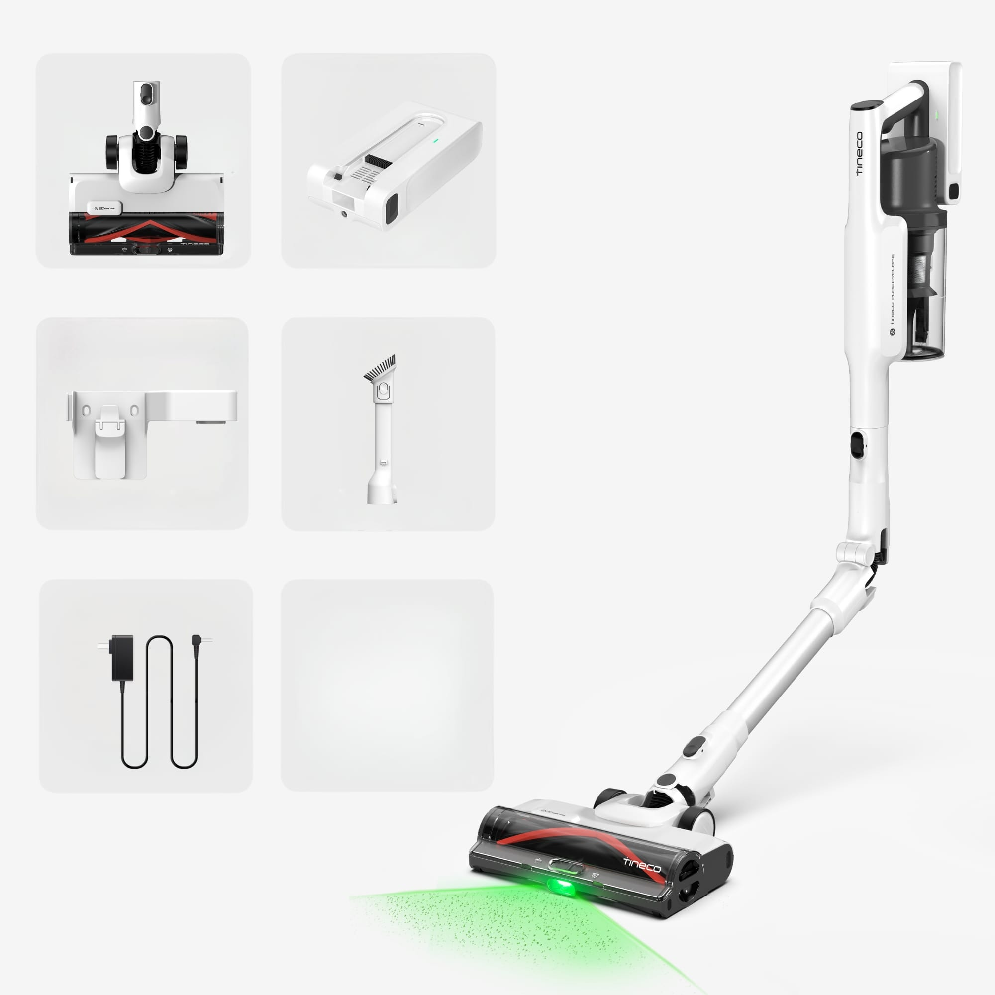 Biało-czarny odkurzacz Tineco z akcesoriami. Części obejmują stację ładującą, ładowarkę i głowice szczotek.