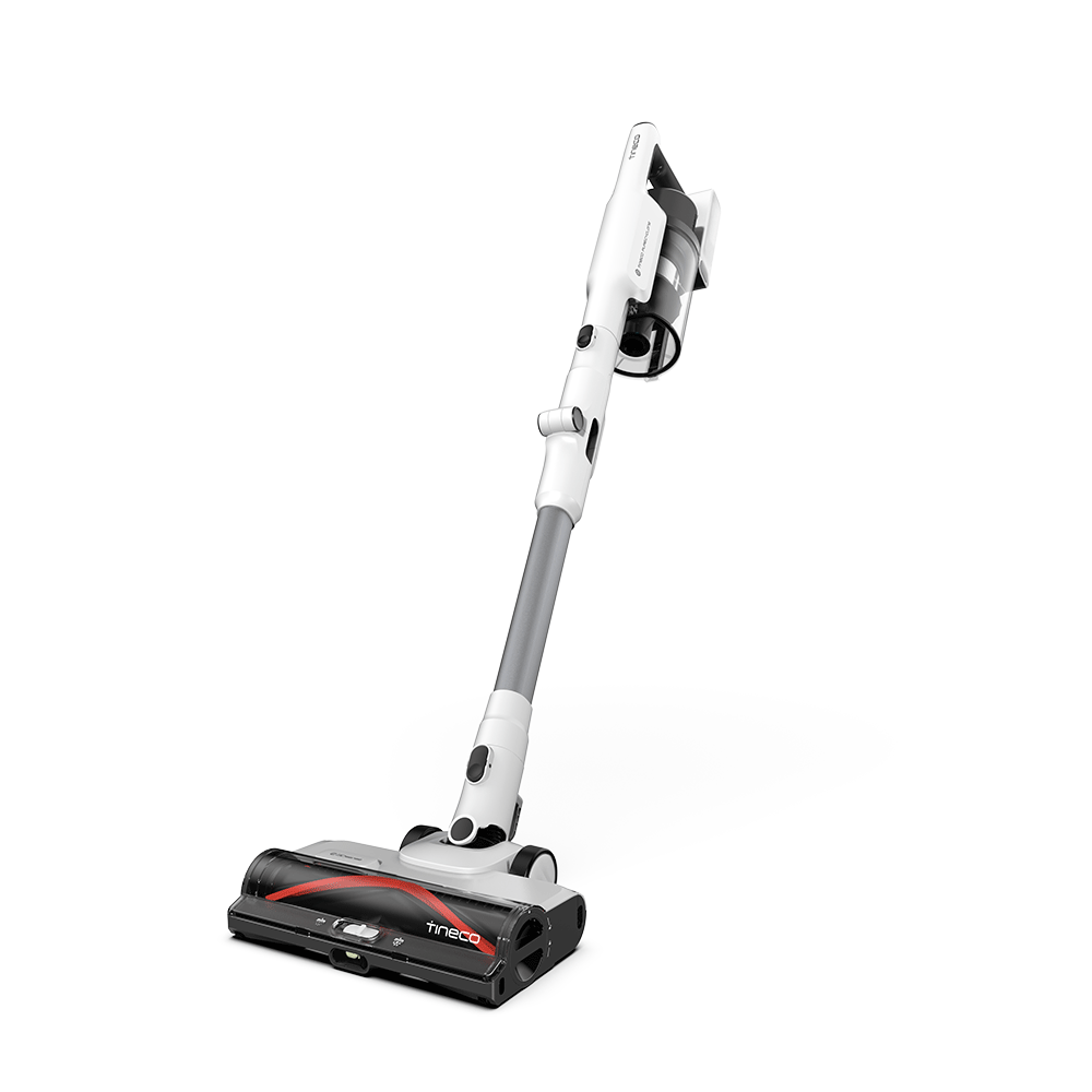 Biało-szary odkurzacz Tineco. Ma czarną głowicę szczotki z czerwonymi akcentami. Izolowany na białym tle.