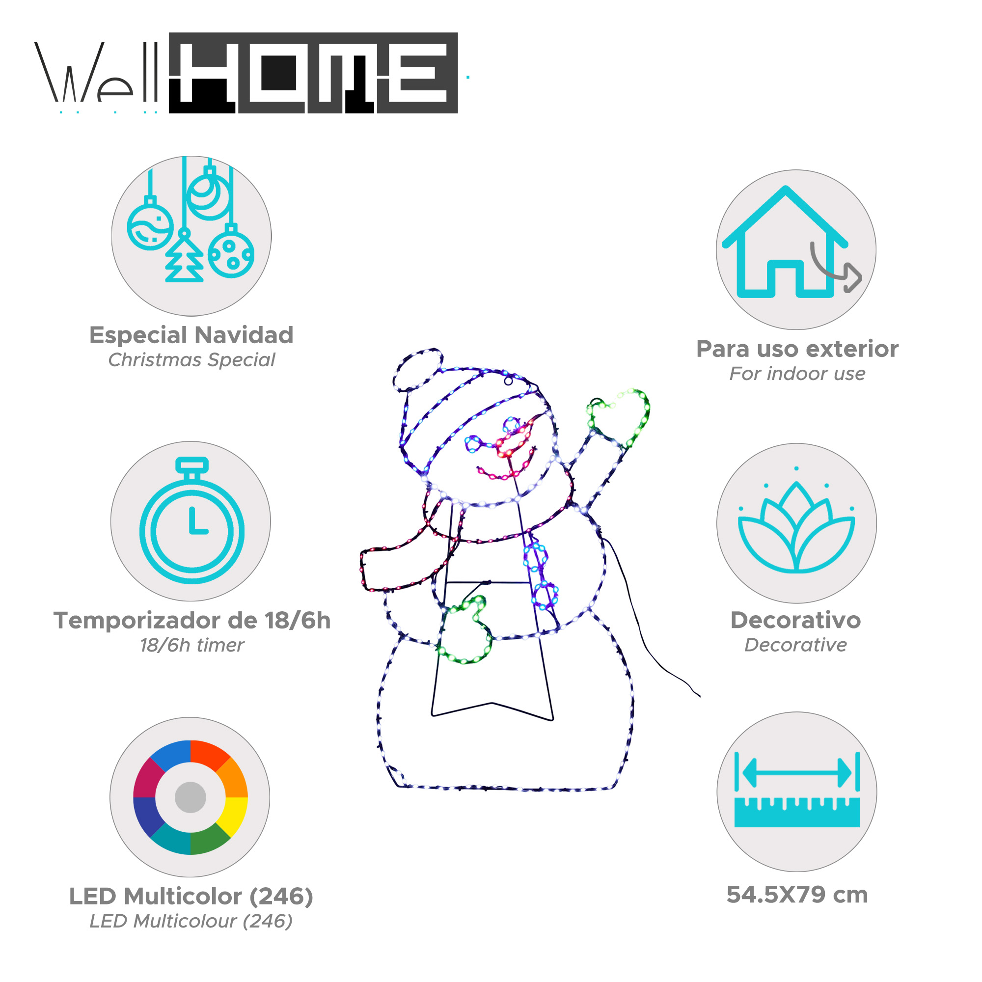 Una decoración de luces LED con forma de muñeco de nieve. Tiene sombrero, bufanda y botones. Las etiquetas incluyen 'Especial Navidad' y 'LED Multicolor'.