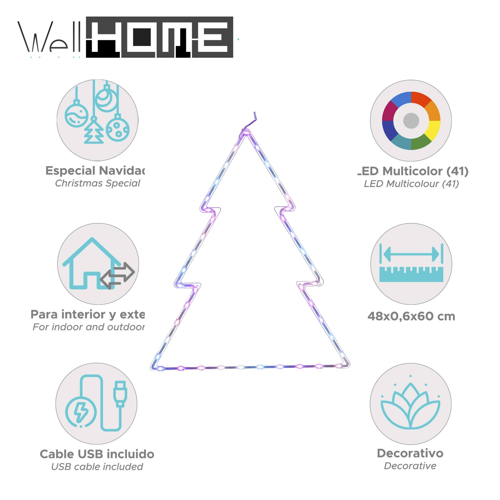 Una luz LED con forma de árbol de Navidad y múltiples colores. Incluye detalles de texto e iconos sobre fondo blanco.