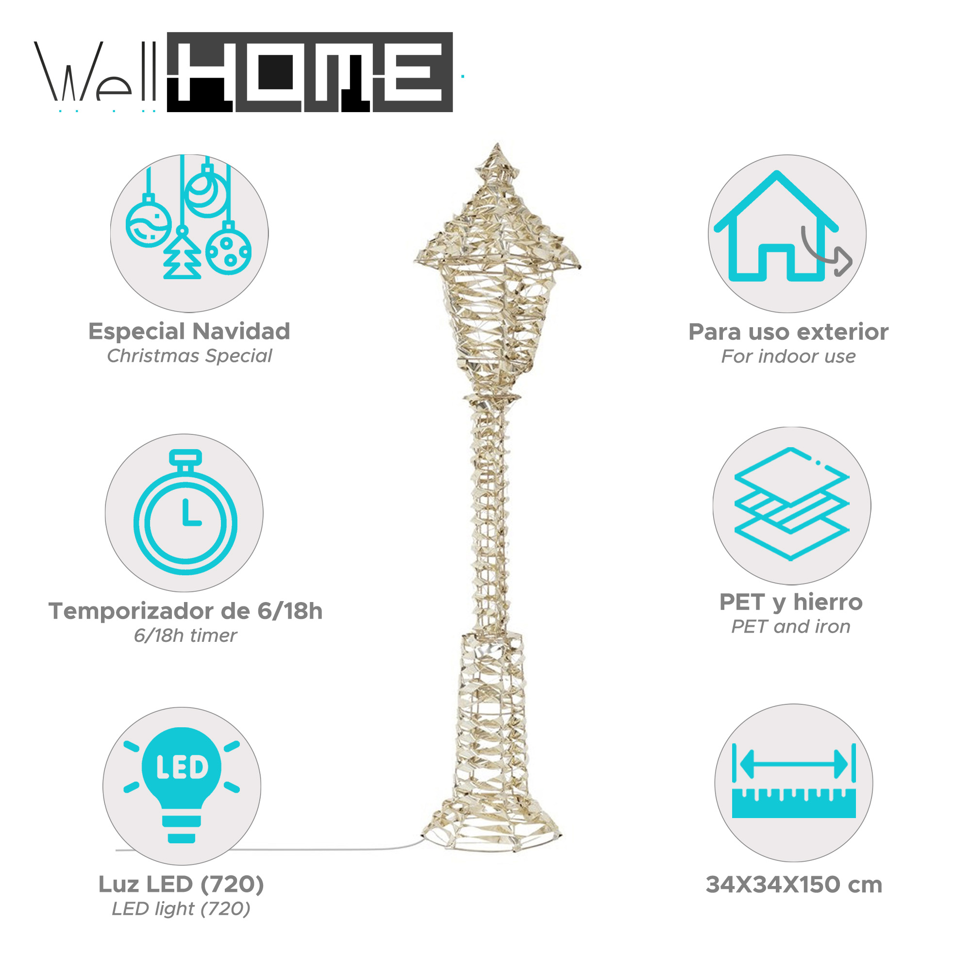 Un farol navideño decorativo. Las características incluyen un temporizador, luz LED y está hecho de PET y hierro. El tamaño es 34x34x150 cm.