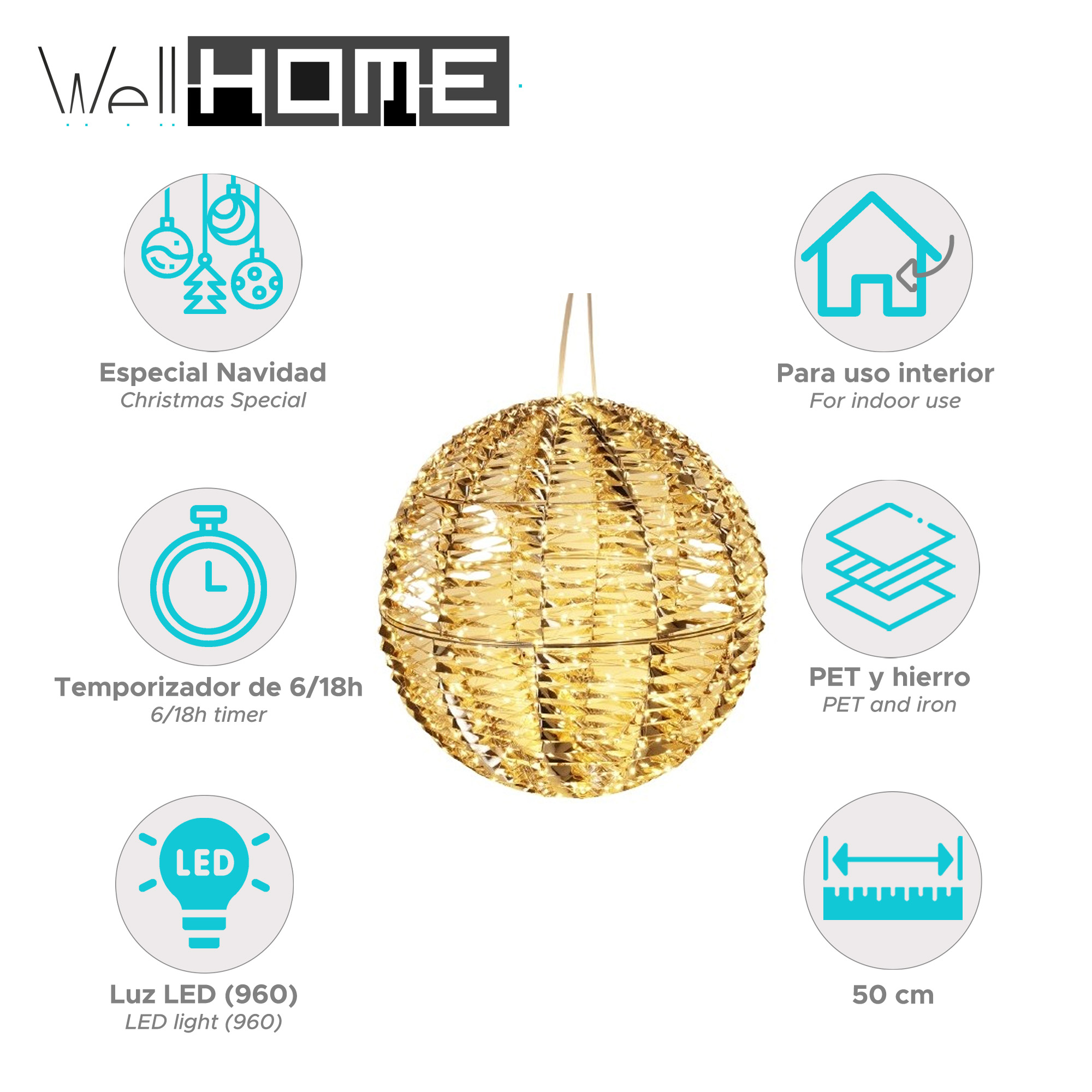Adorno navideño en forma de esfera dorada con etiquetas de texto, incluyendo 'LED', '50 cm' y 'Christmas Special'.
