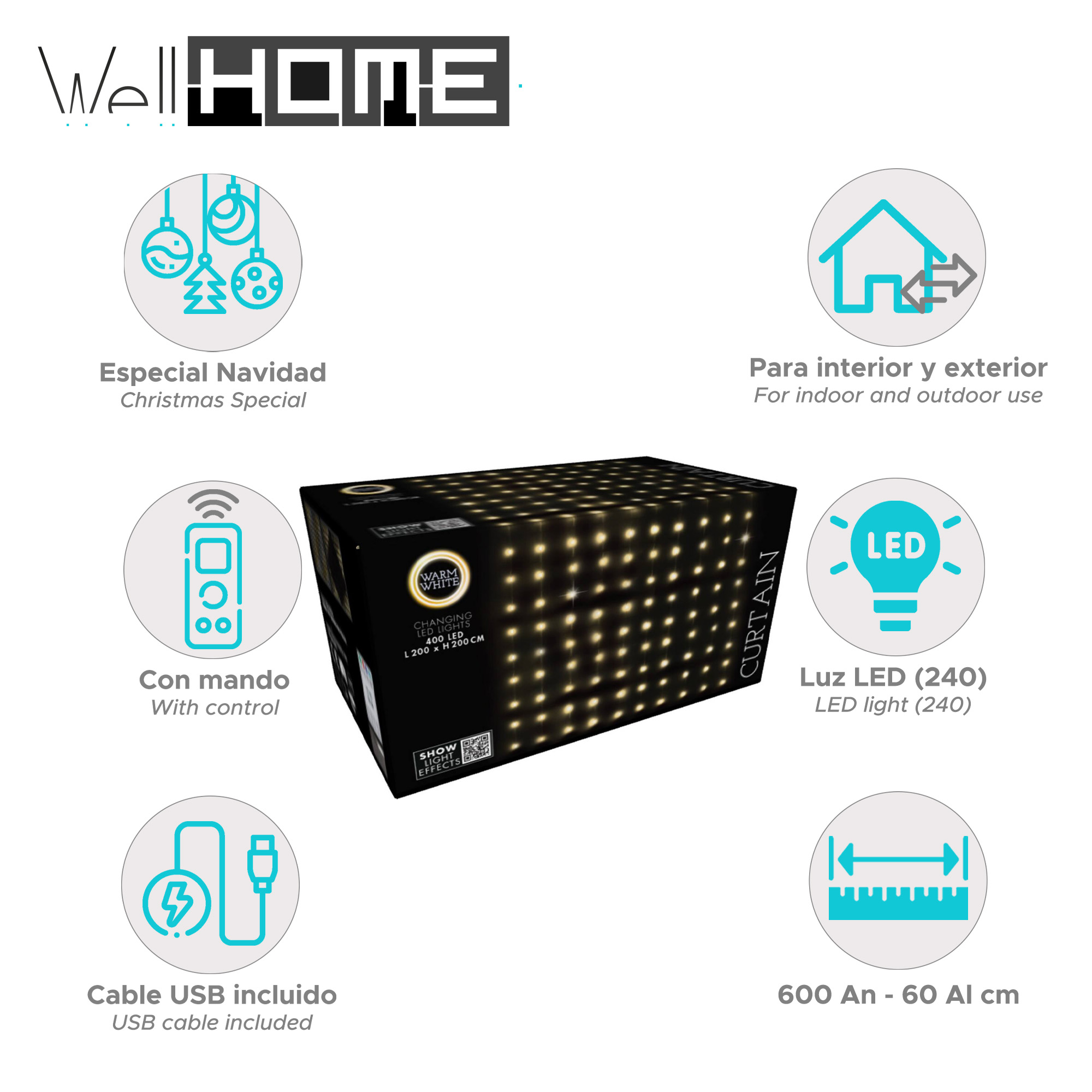 Una caja de producto con luces navideñas. El texto incluye 'Especial Navidad', 'luces LED' y 'cable USB incluido'.