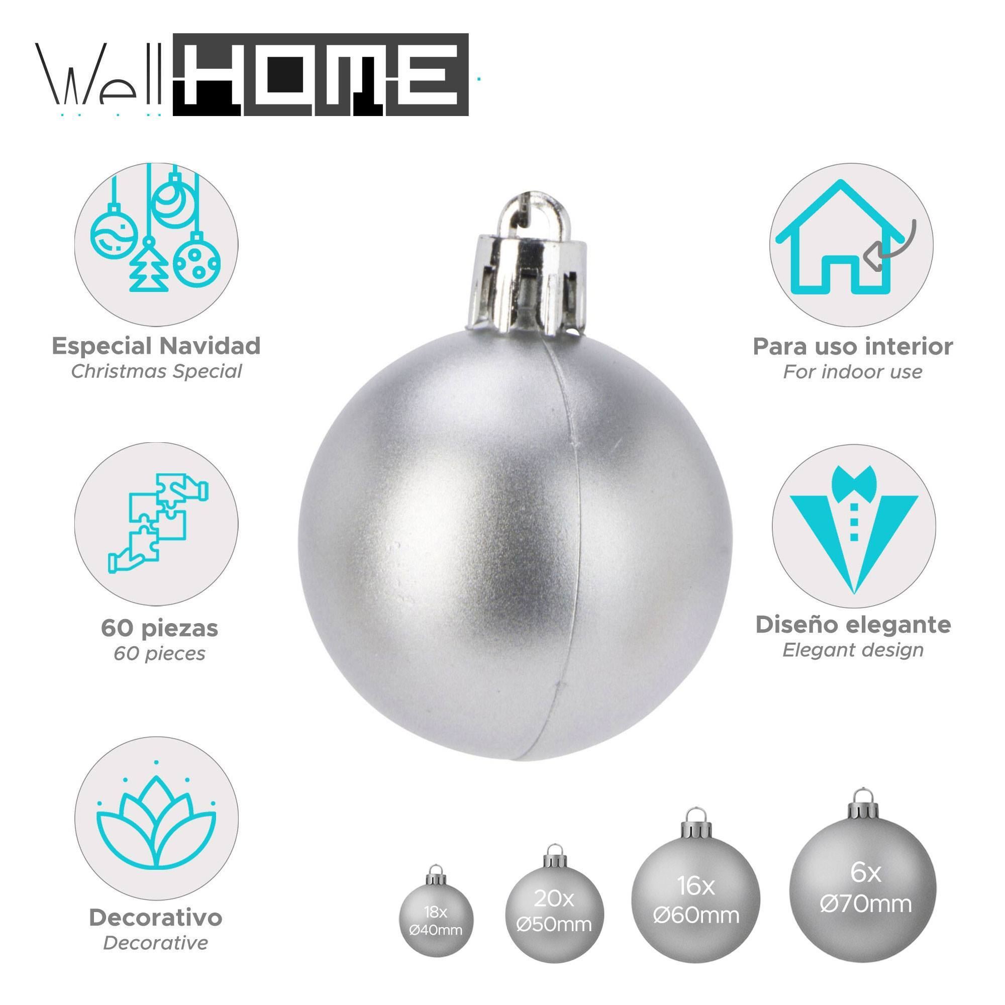Adornos navideños plateados con iconos decorativos y tamaños. El texto incluye 'Well Home', 'Especial Navidad' y 'Diseño elegante'.
