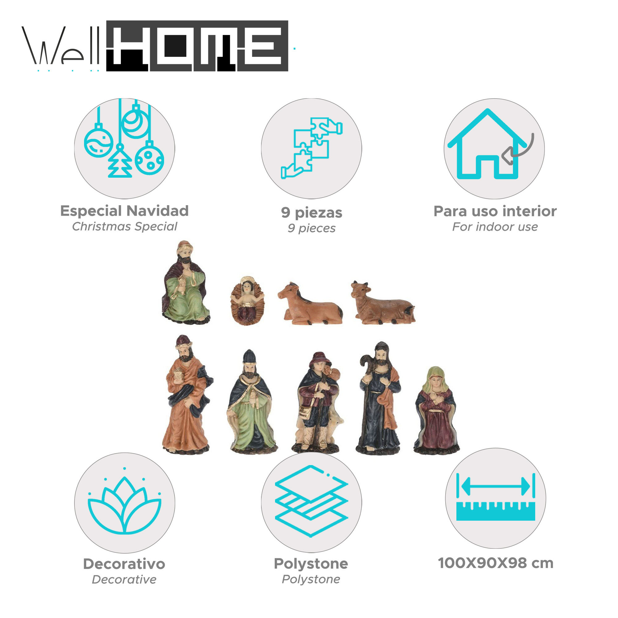 Un belén navideño con figuras, animales y elementos decorativos. Incluye texto en varios idiomas.