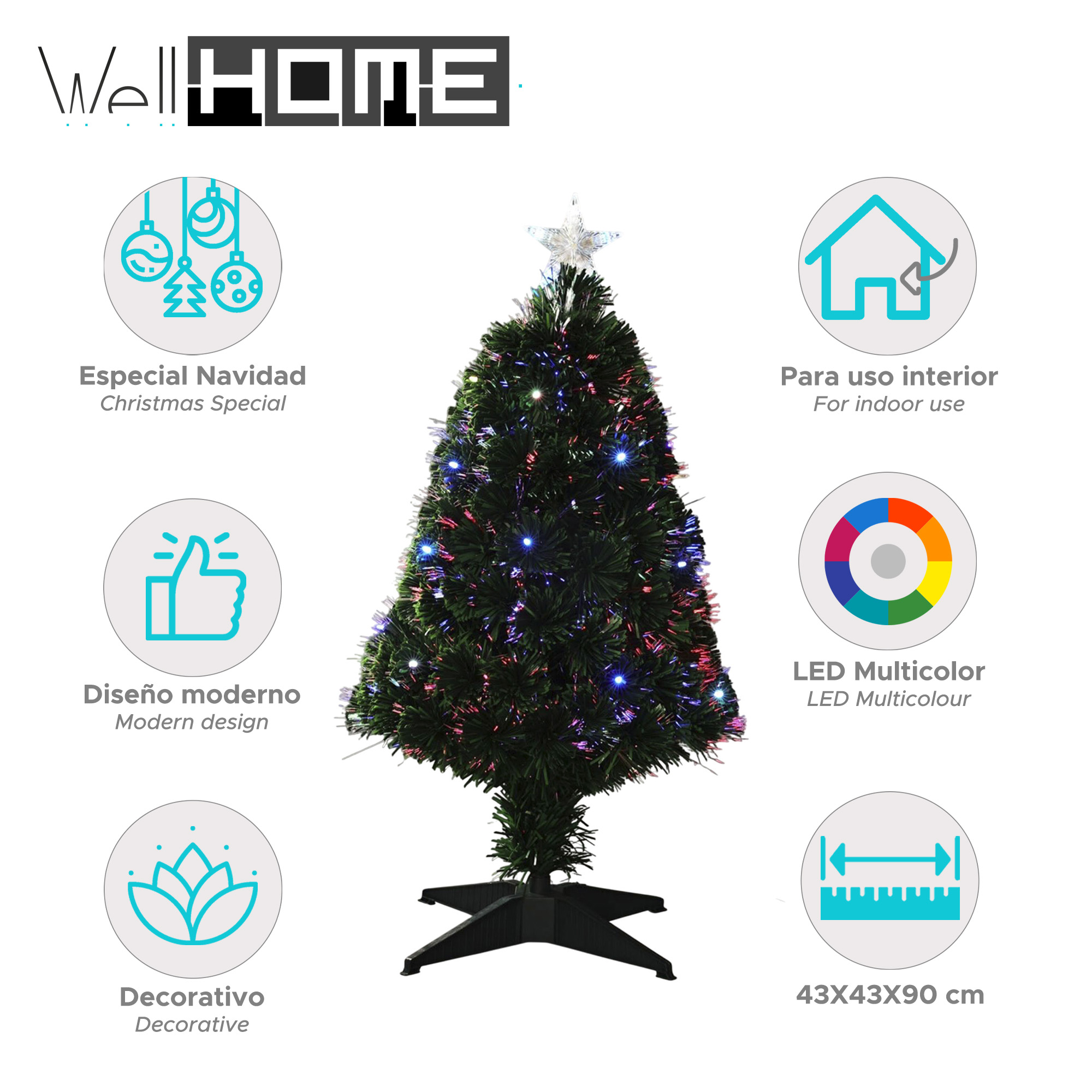 Un árbol de Navidad con una estrella. Tiene luces de colores y está sobre una base negra. Hay iconos alrededor.