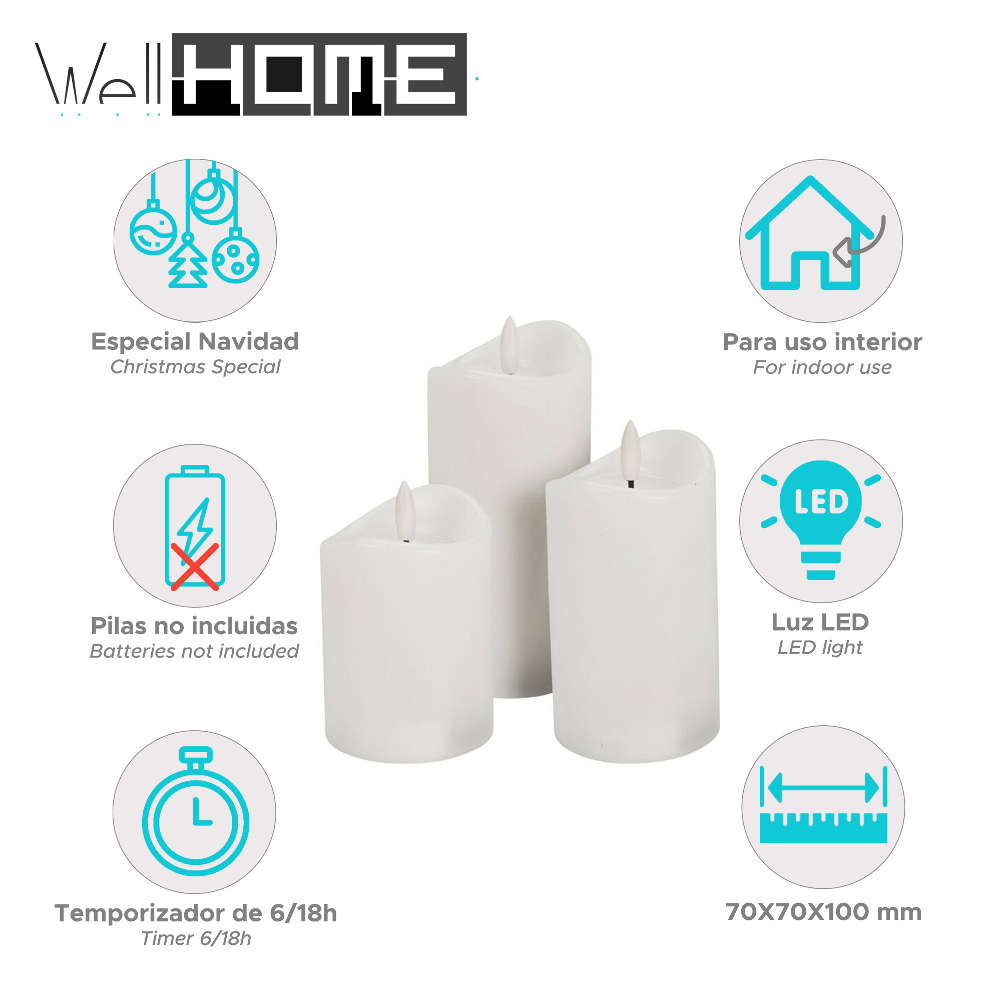 Tres velas LED blancas sin llama. Etiquetas: Especial Navidad, uso interior, sin pilas, luz LED y temporizador.
