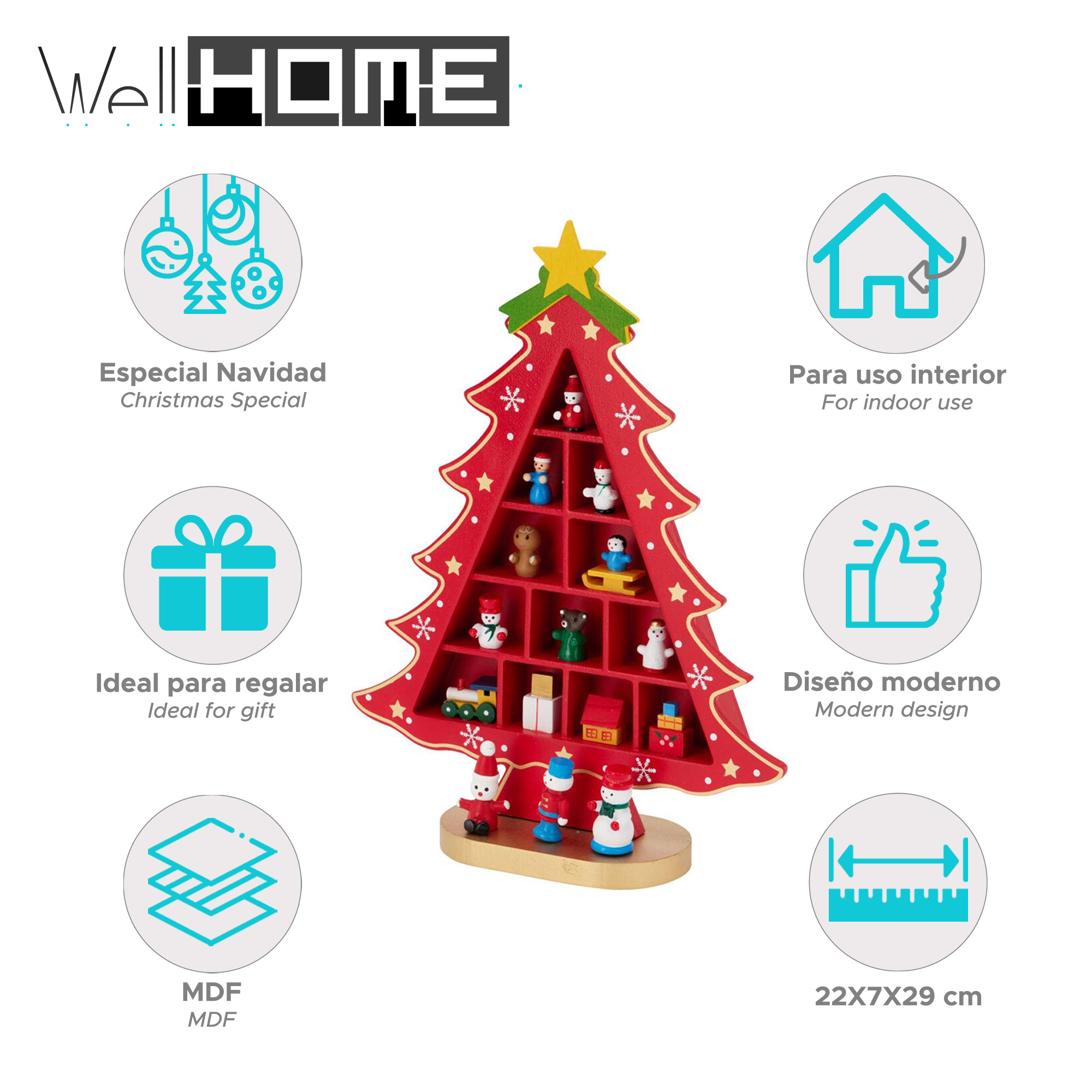 Un estante rojo de madera con forma de árbol de Navidad con pequeñas figuras y decoraciones. Etiquetas indican 'Christmas Special' y 'Modern design'.