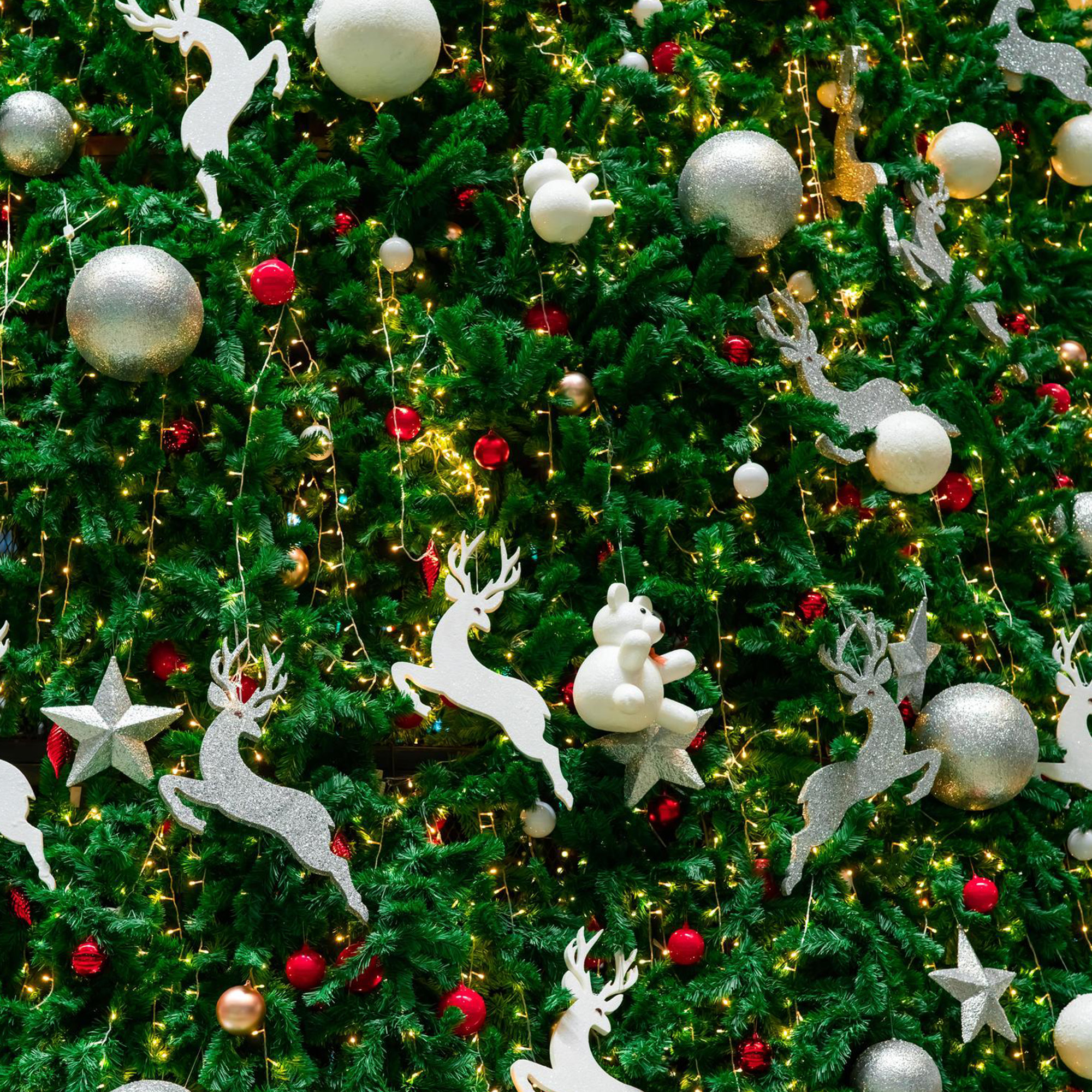 Un árbol de Navidad decorado con adornos, incluyendo renos plateados, estrellas y bolas rojas, plateadas y blancas. Luces están ensartadas.
