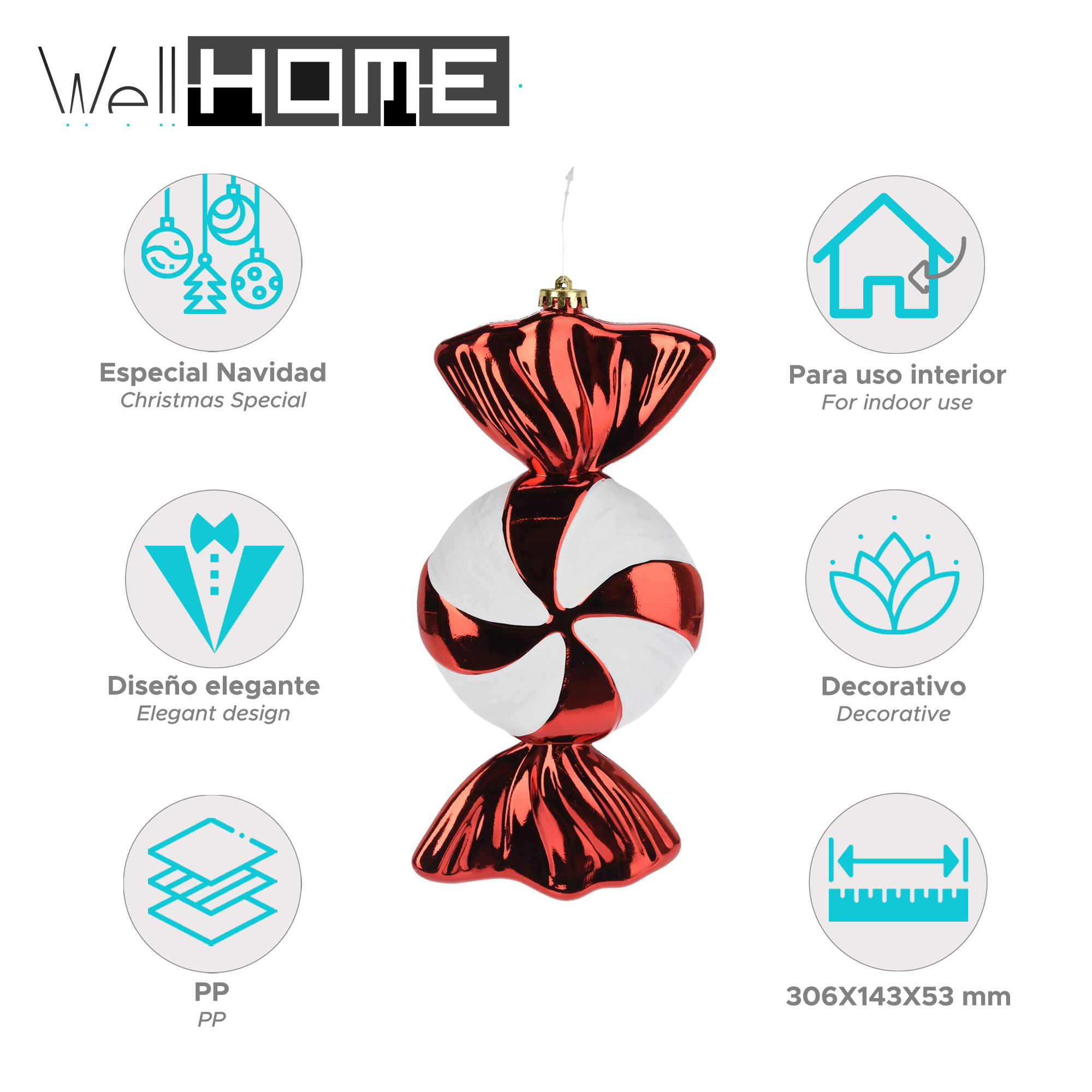 Un adorno navideño con forma de caramelo rojo y blanco. Tiene detalles del producto y un logo 'Well HOME'.
