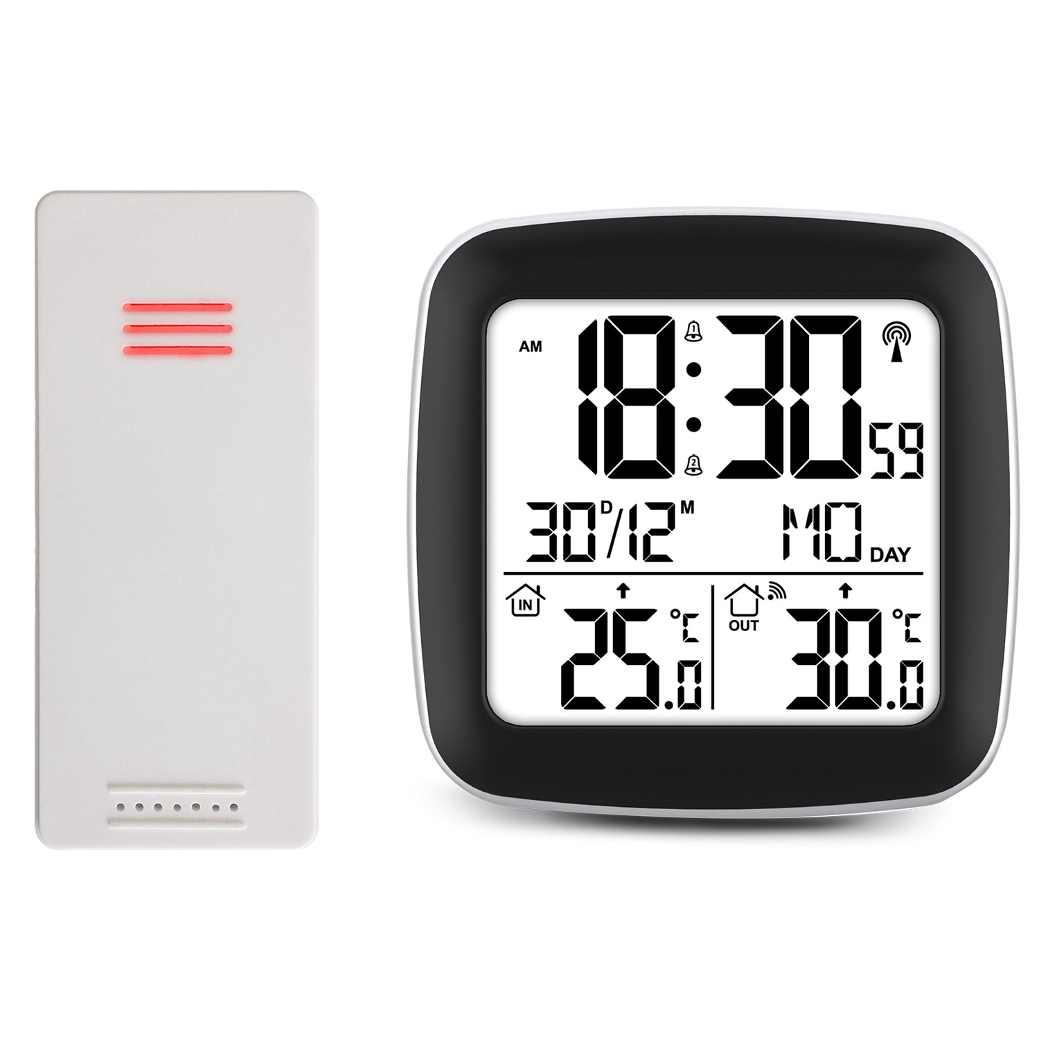 Cyfrowa stacja pogodowa wyświetla godzinę, datę i temperaturę. Po lewej stronie znajduje się biały, prostokątny czujnik.