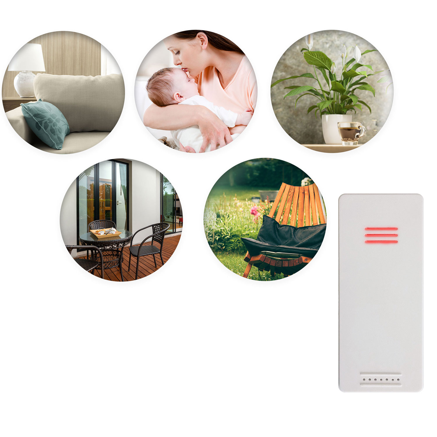 Obraz kompozytowy: salon, matka całuje dziecko, roślina z kawą, stół i krzesła na patio, krzesło w ogrodzie i białe urządzenie.