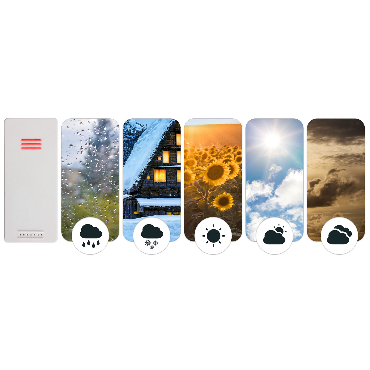 Stacja pogodowa z ikonami deszczu, śniegu, słońca i chmur. Zdjęcia przedstawiają deszcz, ośnieżony dom, słoneczniki, słońce i chmury.